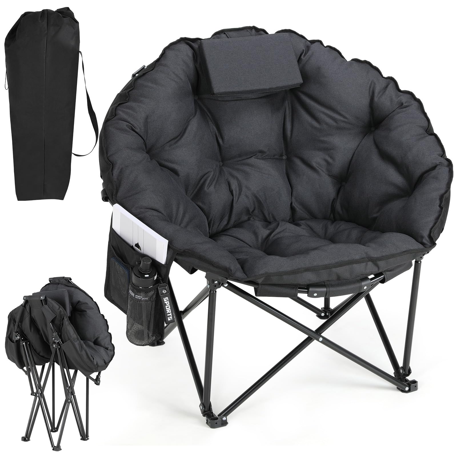 LIFERUN Sedia Pieghevole da Campeggio 150KG, Sedia da Campo Portatile, Moonchair imbottita XXL, con Poggiatesta, Tasca Laterale, borsa per il trasporto, per Giardino, Spiaggia, Trekking, Pesca, Nero