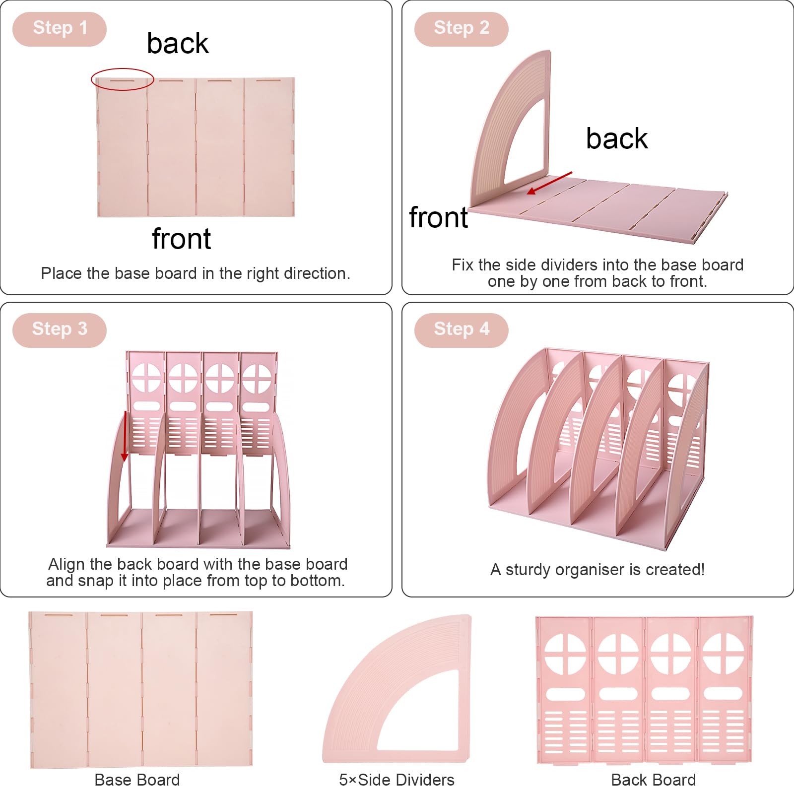 Porte-revues Bureau 4 Compartiments Rose - Organisateur A4 Plastique Robust