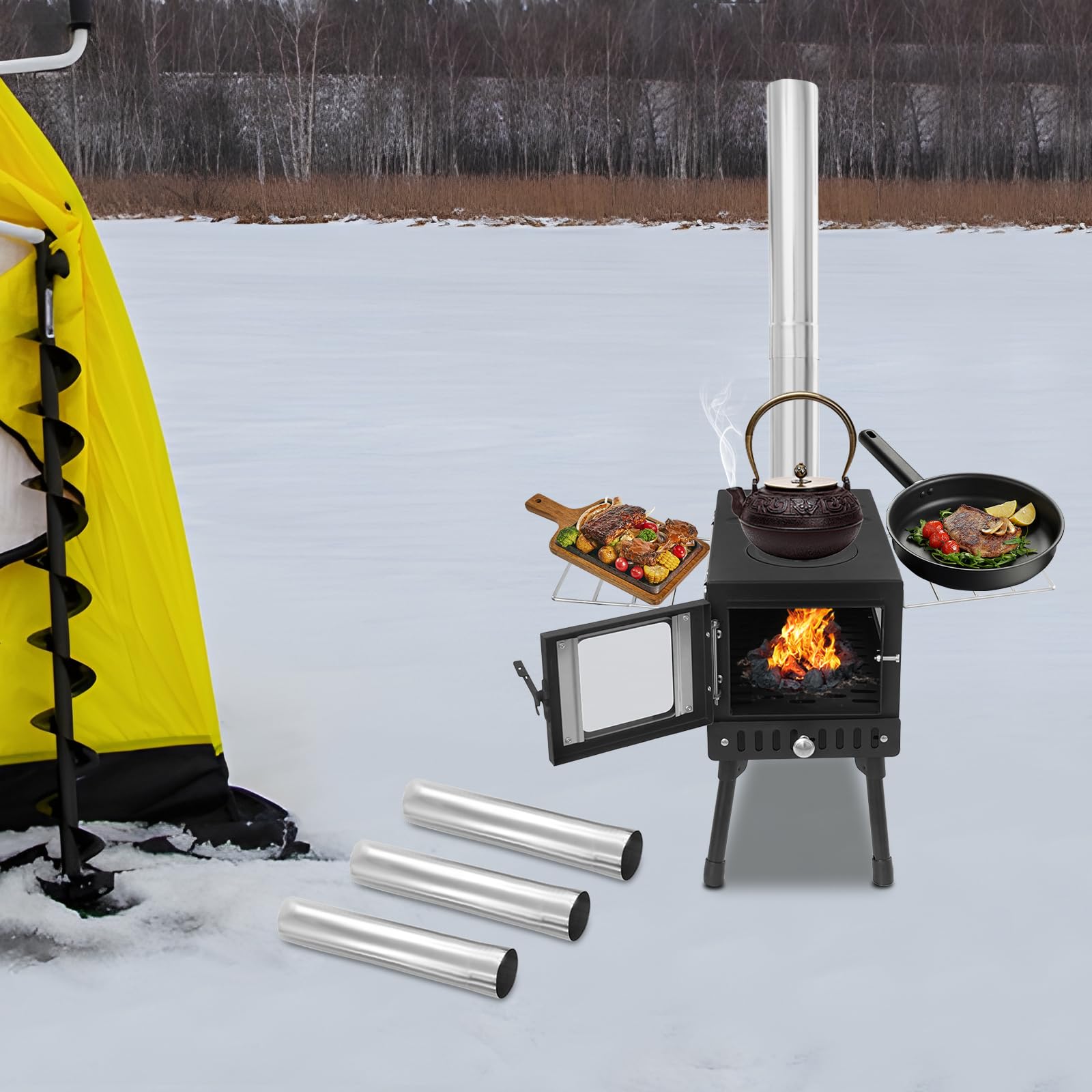 Forno a tenda da campeggio, pieghevole, a legna, portatile, con 5 tubi per canna fumaria e contenitore per raccolta cenere, per campeggio in tenda, riscaldamento all'aperto, pesca sul ghiaccio, caccia