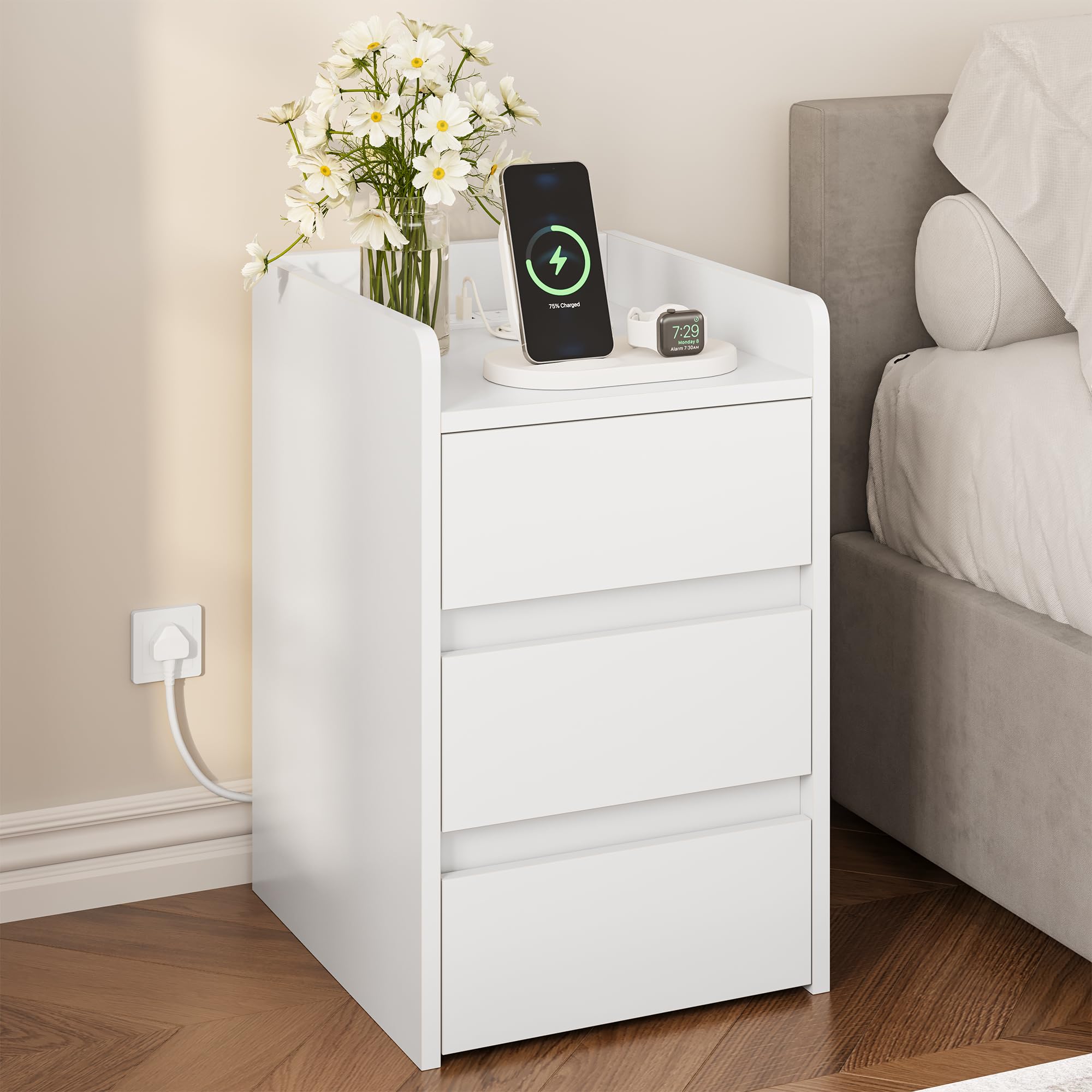 YITAHOME Bedside Table with 3 Drawers and Power Station, Modern Nightstand End Table, Water-Resistant Storage Side Table for Living Room and Bedroom, 35 x 40 x 59cm (White) โ image 1