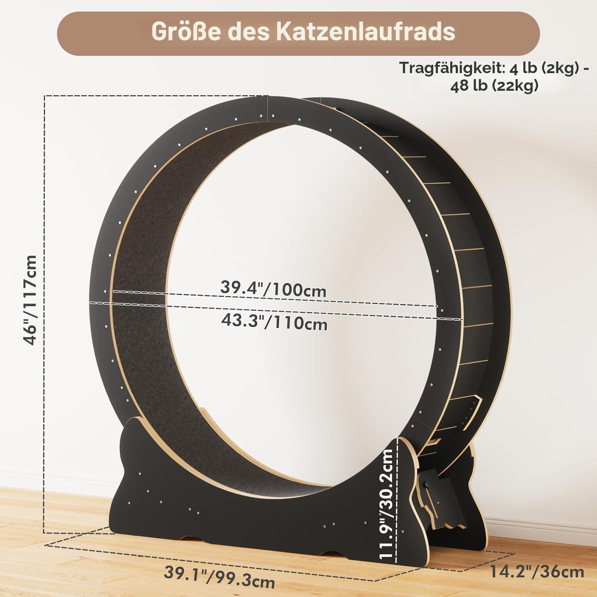 Mondeer Katzenlaufrad Indoor aus Holz, 110 cm, mit Teppich, Schwarz | Abnehmbarer Teppich, leicht reinigbar. Fördert Bewegung und Energieverbrauch, geeignet für aktive, verspielte Katzen.