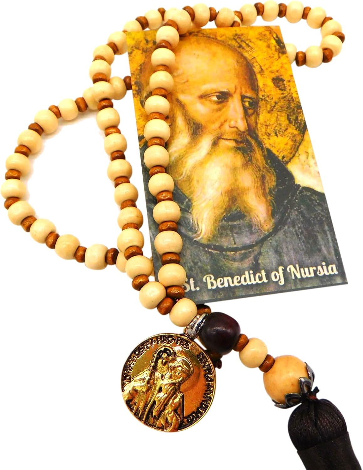 Saint Benedict Home Blessing Door Hanger with Wood Beads and Tassel Prayer Card Protection Set - Image 3
