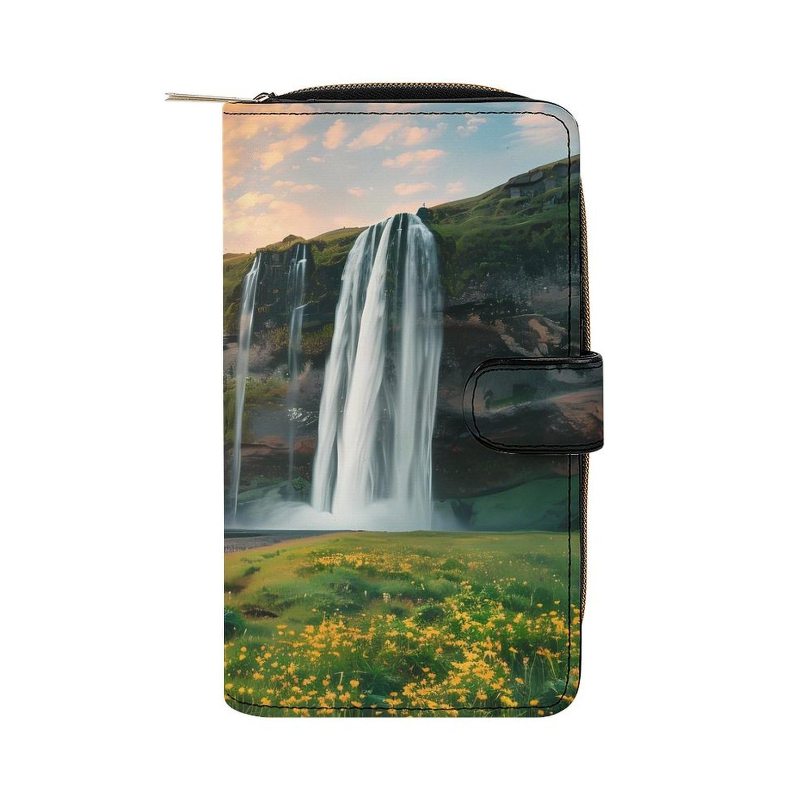 Beautiful Sunset Waterfall Leather Long Pouch Wallet for Men And Women Large Capacity Clutch Cash Wallet with Zippered