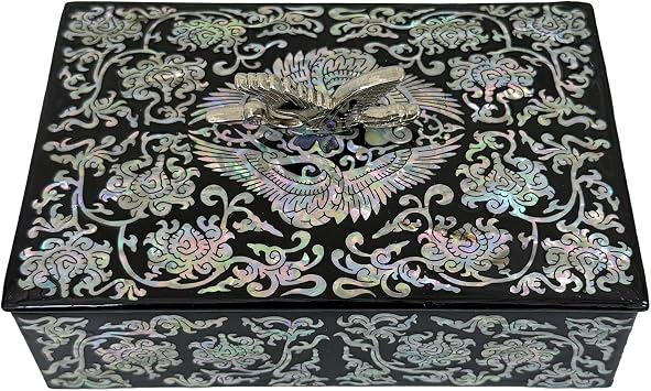 Mother of Pearl Crane Korean Jewelry Ring Nacklace Mini Trinket Wooden Box Business Card Holder Case