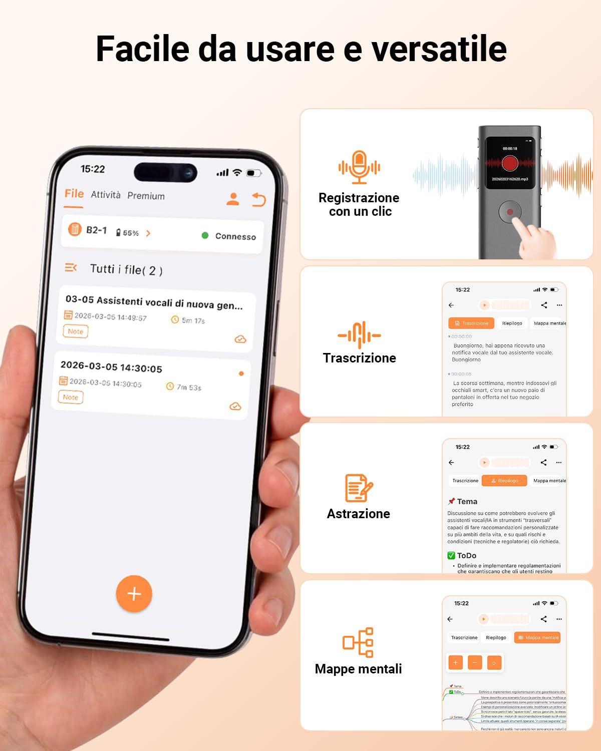 Registratore Vocale AI, 64GB Registratore Digitale Trascrizione e Riassunto Automatico, Supporta 90+ Lingue, Controllo App, Cloud illimitato, con Attivazione Vocale per Riunioni/Lezioni