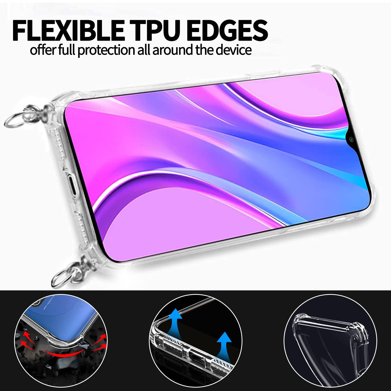 Custodia Xiaomi Redmi 9T Con Cordino – Cover TPU Trasparente E Nera, Antiurto, Tracolla Regolabile