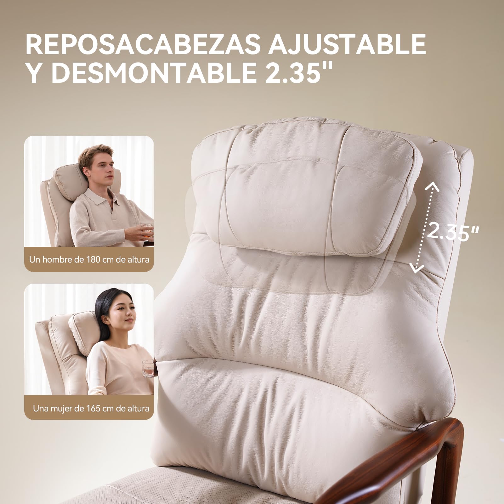 EMIAH Sillón Relax con Reposabrazos de Madera, Sillón con Soporte Lumbar y Función de Estiramiento, Sillón Reclinable Eléctrico con Reclinación y Reposapiés, Sillón TV con Cabezal, Cuero Genuino