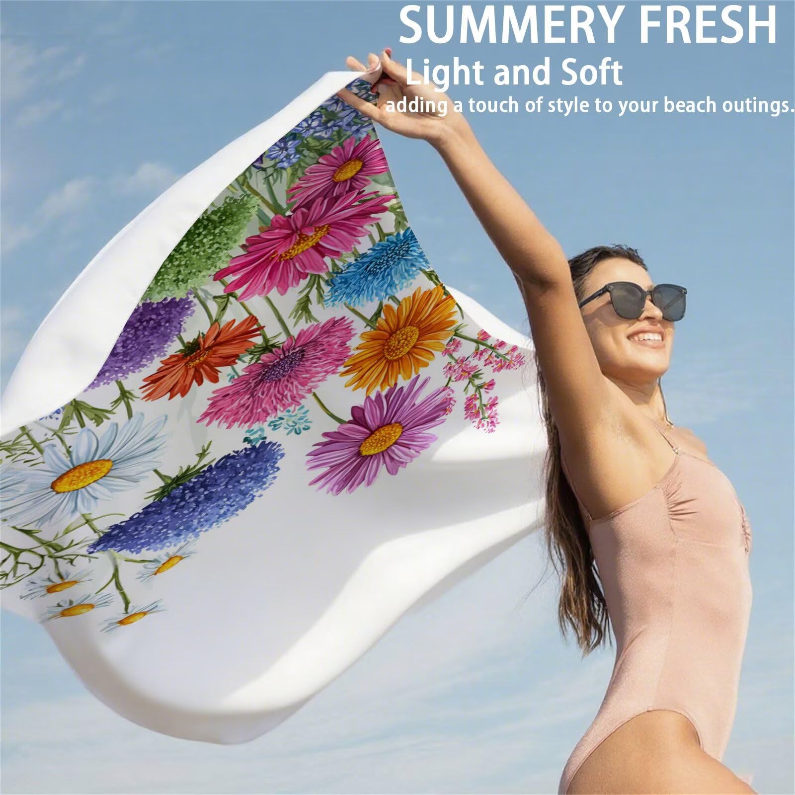 Ręcznik plażowy stokrotka ręczniki plażowe dla dorosłych 85 x 170 cm roślinny ręcznik z mikrofibry ręcznik kąpielowy bez piasku, miękki, chłonny, szybkoschnący, lekki, do pływania, na plażę, jogę