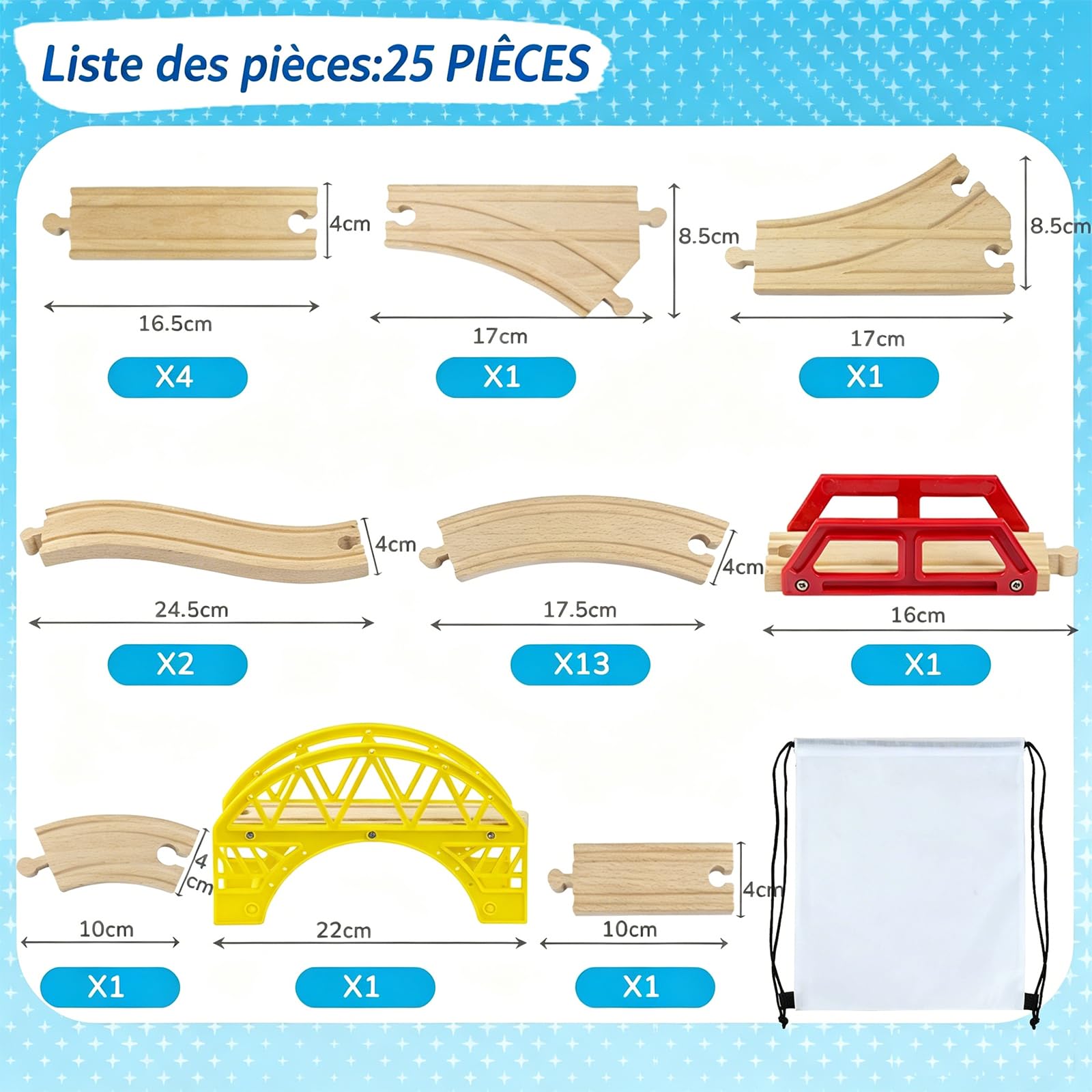 Coffret d‘Extension de Rails en Bois 25 pièces pour Circuit de Train - Train en Enfant 3 Ans et Plus - Pièces Droites et Courbes en Bois de Hêtre - Compatible avec Les Principales Marques