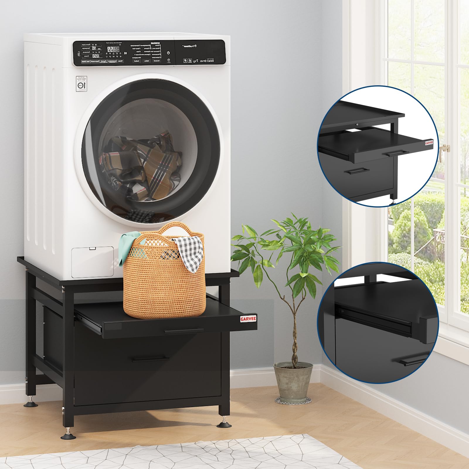 Garvee 29" Heavy Duty Metal Washer and Dryer Pedestals with Pullout-Shelf and Drawer, Universal Fit Anti-Vibration Washer Dryer Base with Adjustable Feet, Up to 850 LBS Capacity, 29"x29''x23'', Black
