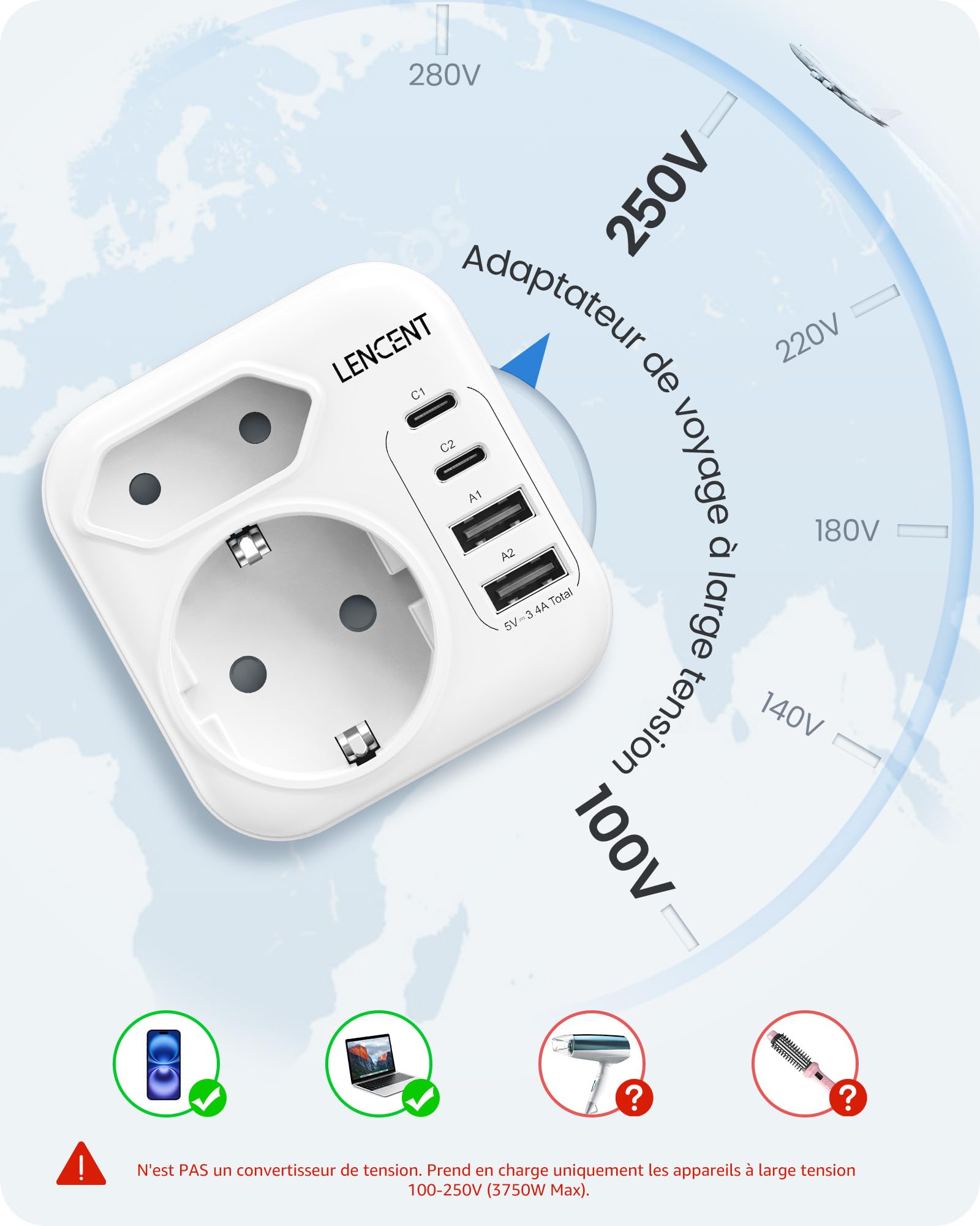 LENCENT Adaptateur de Voyage Japon Adaptateur Prise Type A avec USB-C Prise Pliable pour États-Unis USA Canada Mexique Thaïlande New York