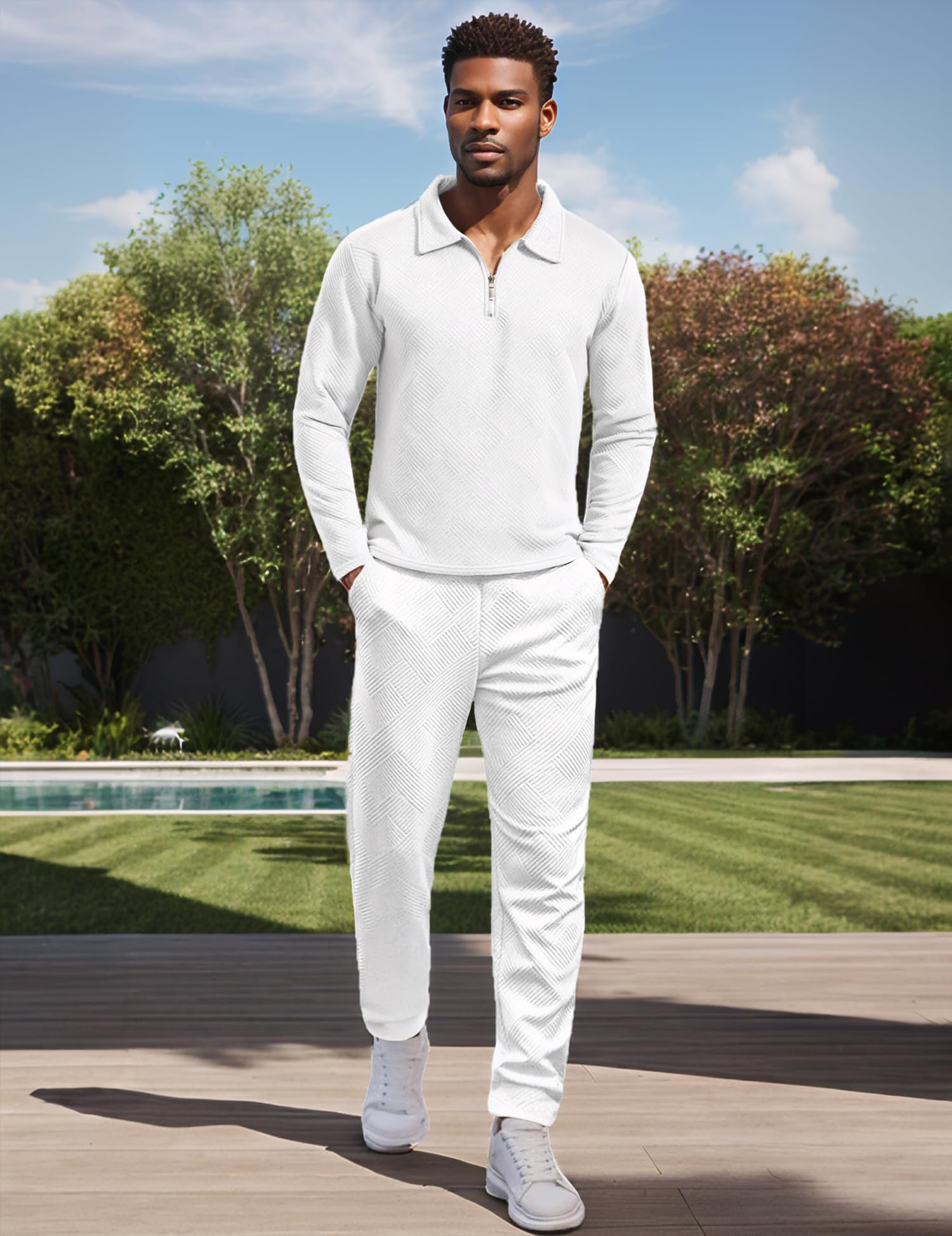 UOUA Herren 2-teiliges Set Trainingsanzug Langarm Polo-Shirt & Hose Freizeitanzug Sportanzug