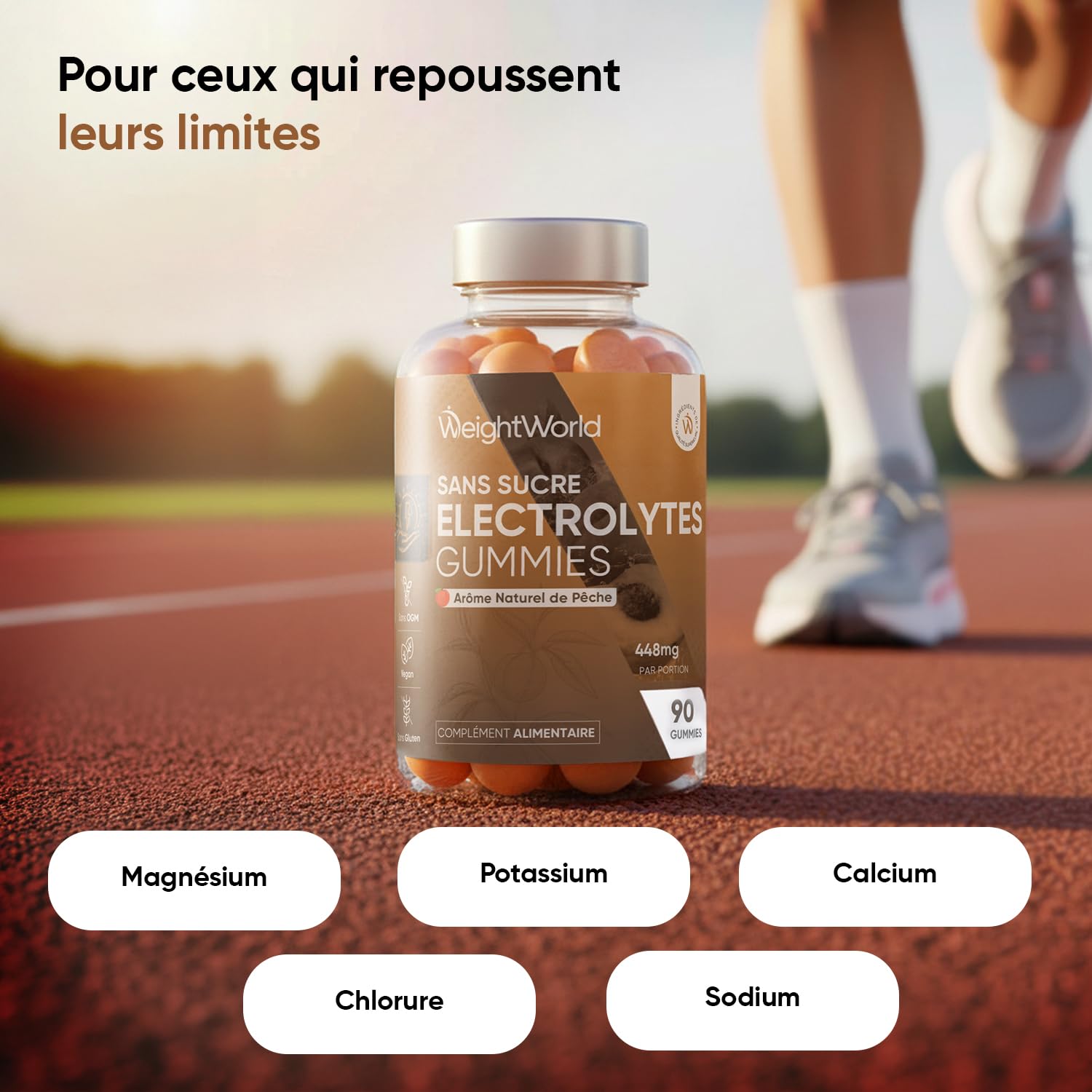 Gummies Electrolyte sans Sucre, 90 Gummies, 448mg par Portion - 5 Électrolytes : Potassium Calcium Magnésium Sodium Chlorure - Arôme Naturel Pêche, sans OGM, sans Gluten - Fabriqué par WeightWorld