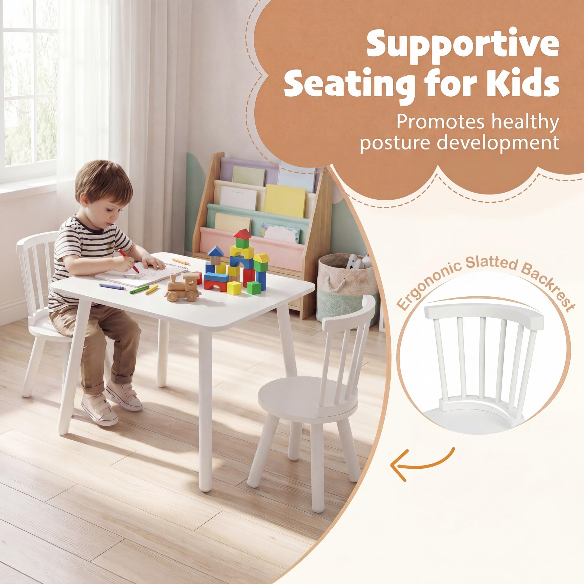 LIFEZEAL Kindertisch mit 2 Stühlen, 3-teilig Kindersitzgruppe für Jungen & Mädchen, Sitzgruppe Kinder Holz, Kinder-Tisch-Stuhl Set Kindermöbel Sitzgruppe für Kinderzimmer, Kindergärten (Weiß)