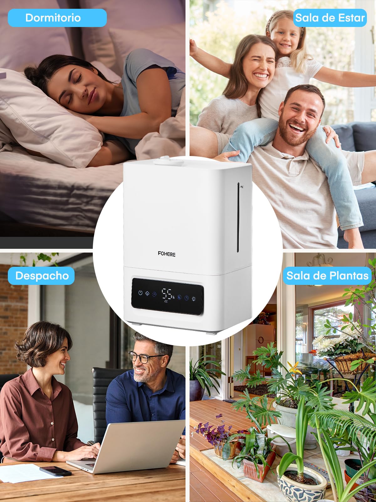 FOHERE Humidificador 6L, 60H Funcionamiento, 28dB Ultra Silencioso, para Habitaciones Grandes, Dormitorio, Bebé, Sensor Humedad, Temporizador 16H, Luz Nocturna, Difusor Aceites, Blanco