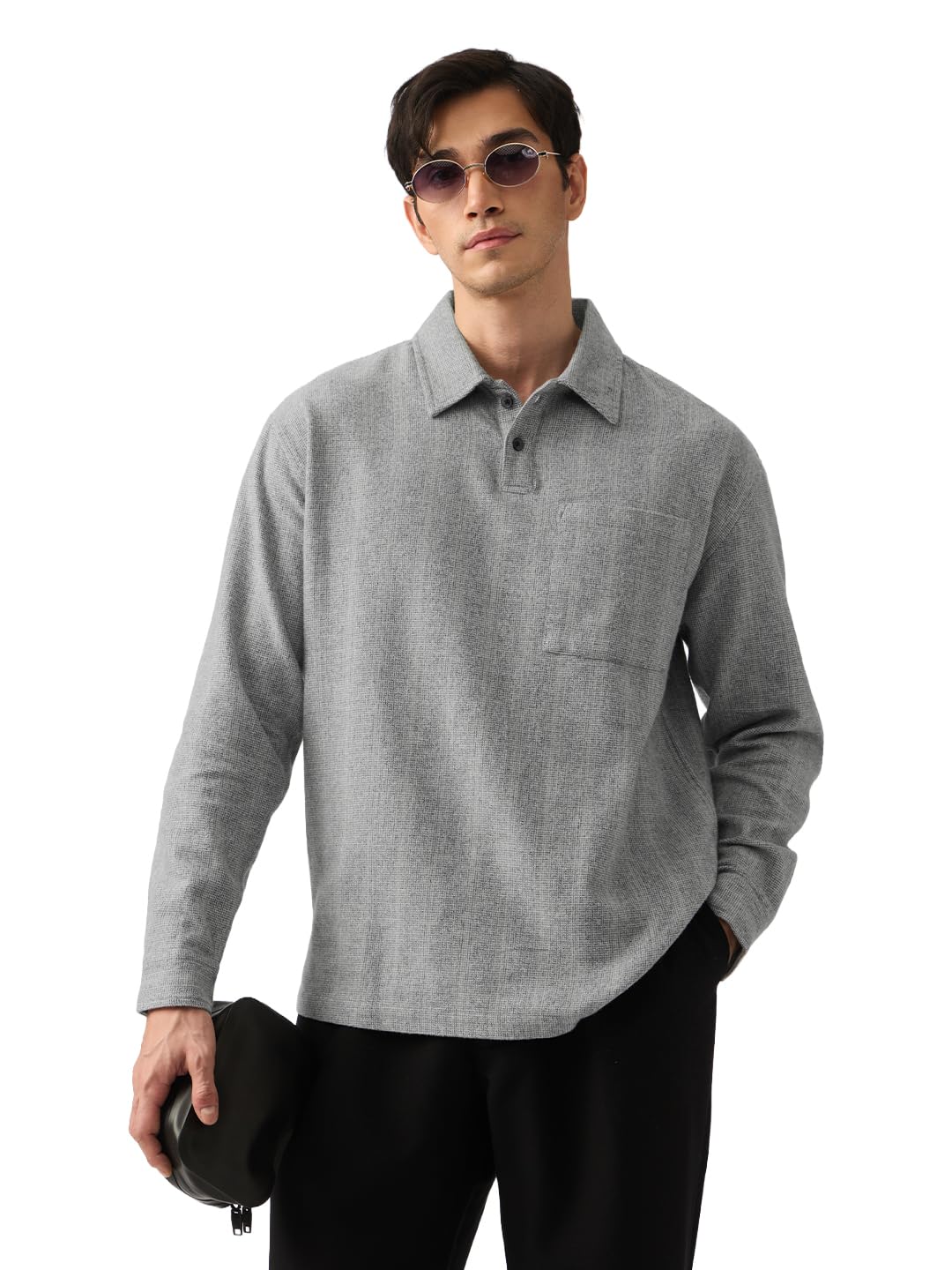 the souled store Grey Matter Men and Boys Long Sleeve Spread Collar Grey Solid Textured Cotton Oversized Fit Breathable Lightweight Everyday Casual Oversized Polos-picture-16