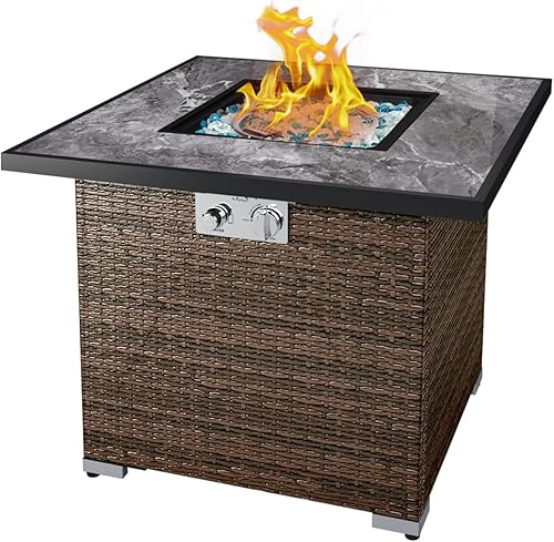 Miniatura 1 de AJ Enjoy Mesa de fuego de gas propano para exteriores de 24 pulgadas, fogata de gas de encendido automático de 40,000 BTU con protector de viento de