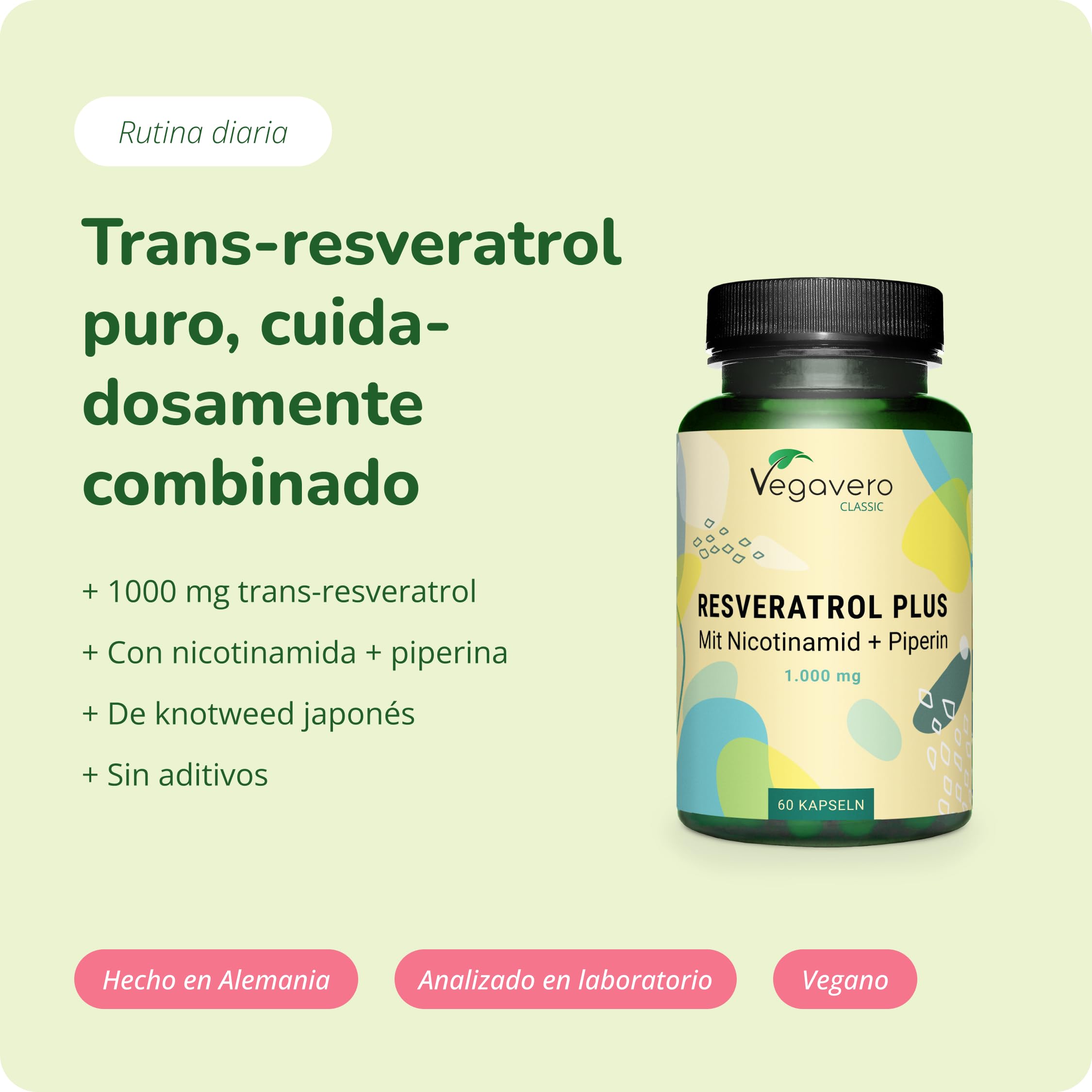 Trans Resveratrol Natural 1000 mg | Con Vitamina B3 y Piperina | Sin Aditivos | Antienvejecimiento, Antioxidante y Antiedad | Vegano | Vegavero