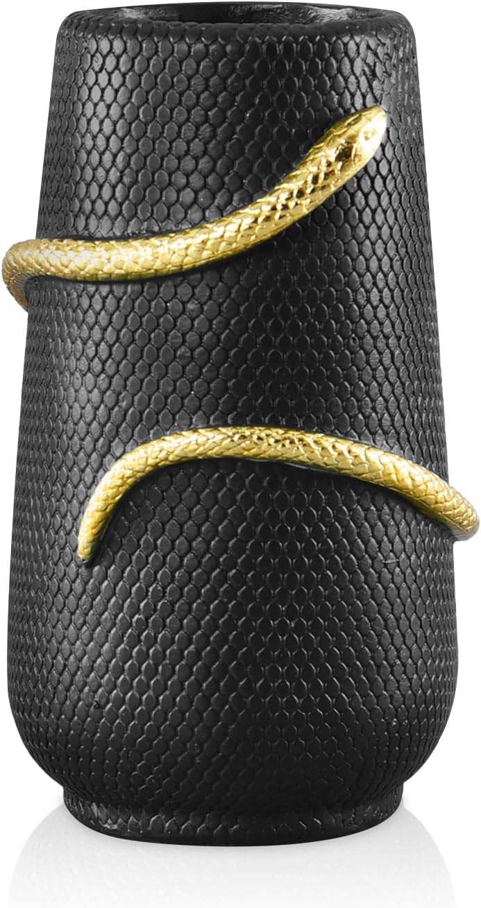 Black Flower Vase Home Decor, Halloween Decor Indoor, Unique Black Vase for Bookshelf Fireplace Bedroom Kitchen Living Room Table Centerpieces Office Desk,Boho Vase, 8" Tall Black-2