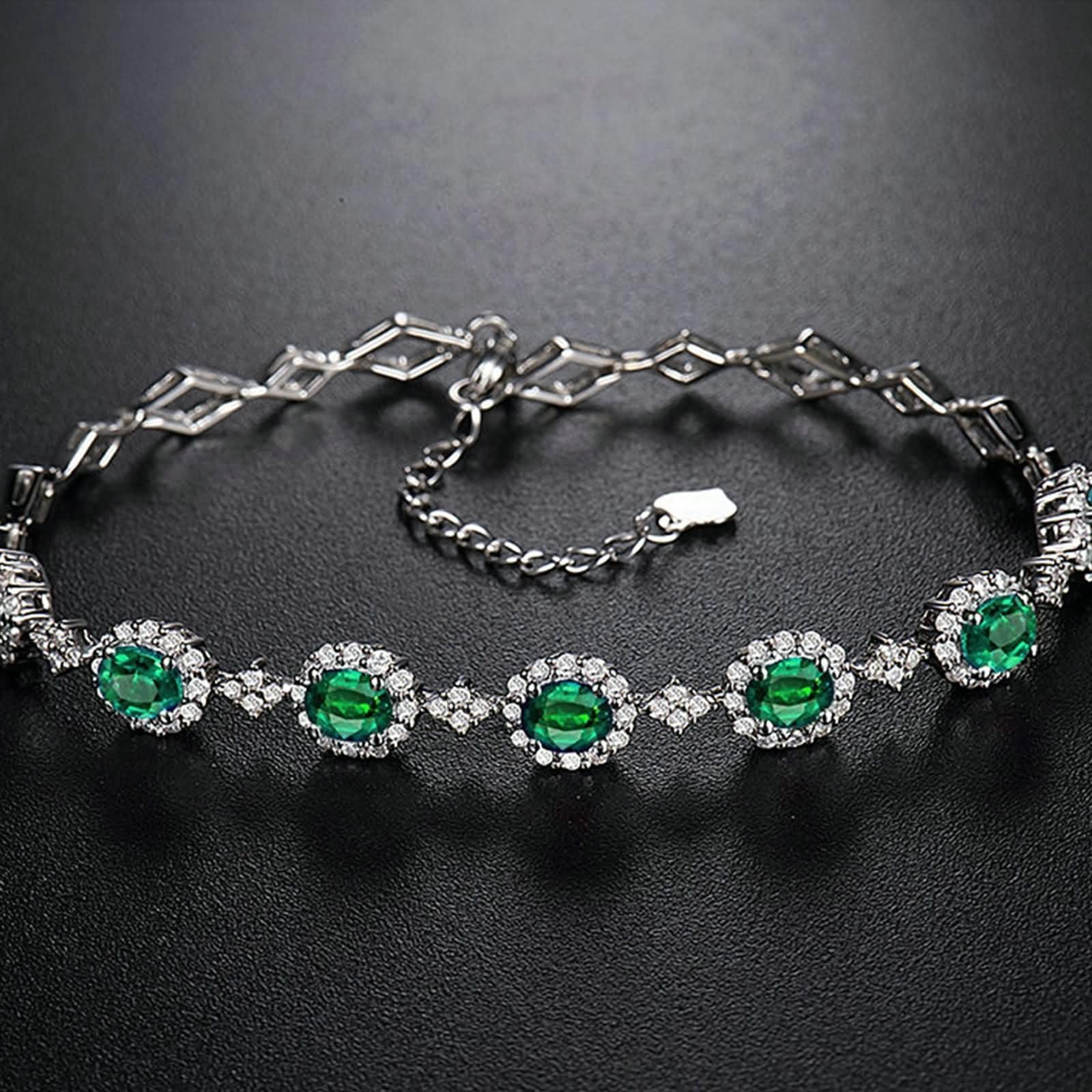 Pulseras de Mujer de Oro Blanco 9Kilates / 14Kilates / 18Kilates, Oval con Esmeralda de 2,4 ct y Diamante de 0,81 ct, Cadena Extensible 16 CM + 5 CM, Pulsera Mujer Ajustable Plata Verde