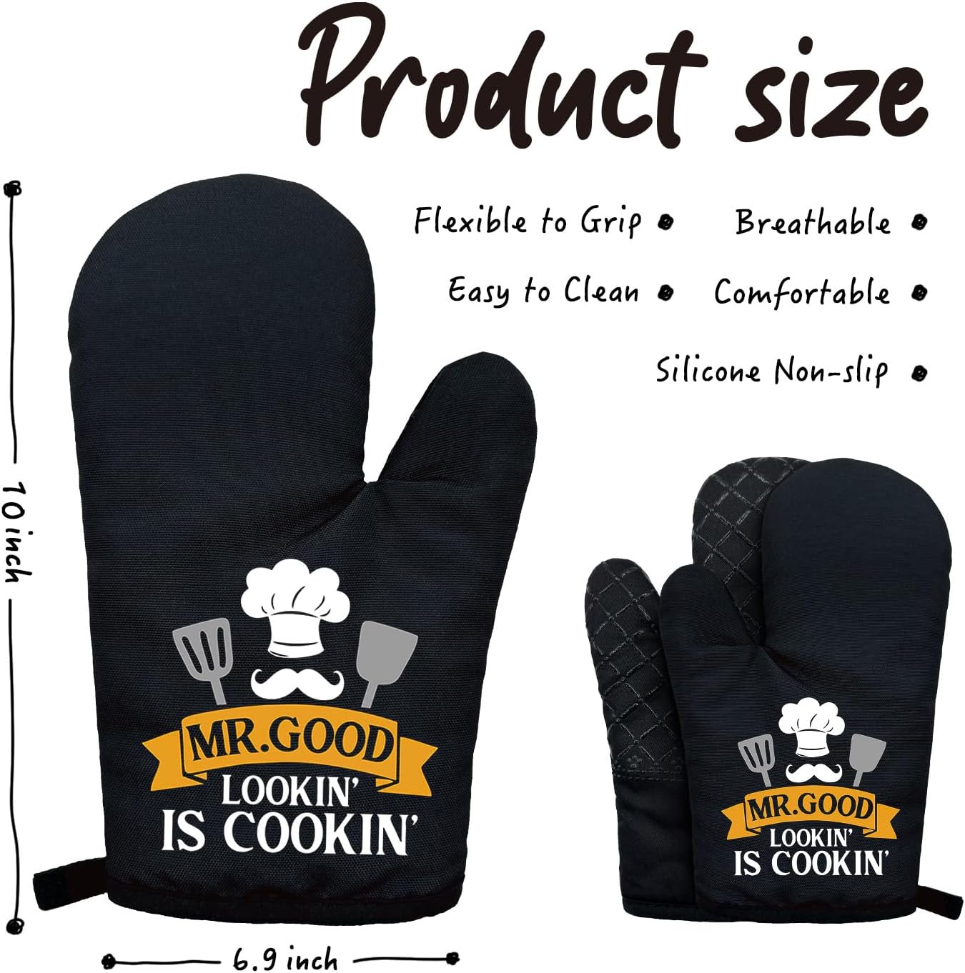 Mr.Good Lookin' is Cookin' Funny Black Oven Mitts with Hanging Loop and Silicone Non-Slip, Family Cooking Baking Kitchen Utensils 2-Piece Set, Valentine's Day Gifts for Husband Wife Chef - Image 2