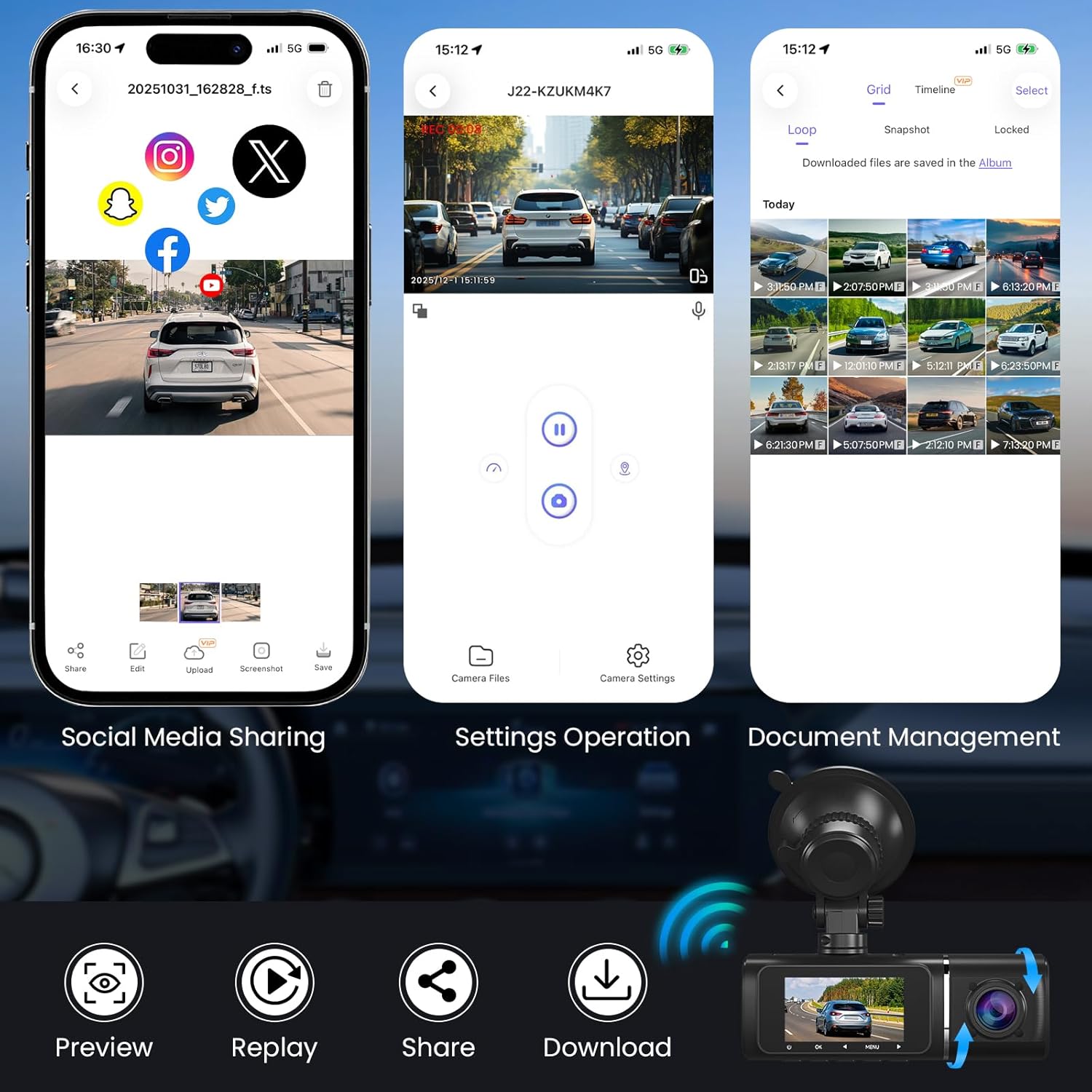 Dash Cam Front and Rear, 4K+1080P Dash Camera with 1.97" Display - Dashcam with 5GHz Wi-Fi APP Control 64GB Card 24H Parking Mode Night Vision Loop Recording WDR 170° Wide Angle G-Sensor Max 256GB