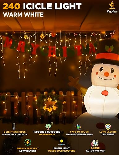 Miniatura 2 de EcoNour Luces de carámbano de Navidad blancas cálidas para exteriores, 24.6 pies 240 luces LED de carámbano para exteriores con 8 modos,