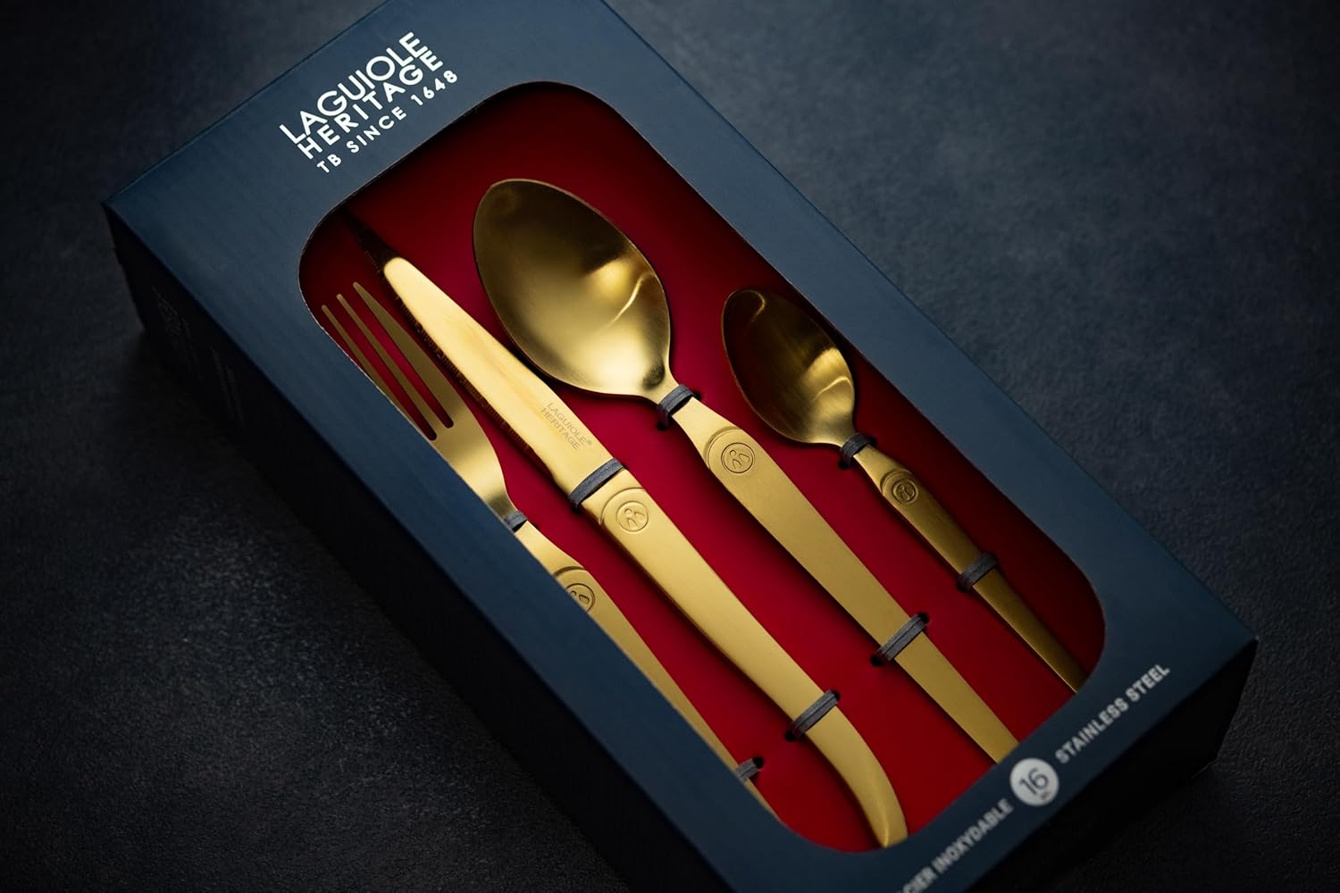 Laguiole Heritage Gold Dinerware Set; Premium Stainless Steel Knives, Forks, Spoons with Ergonomic Handles; 4 Person Sets; Gold, 16-Piece