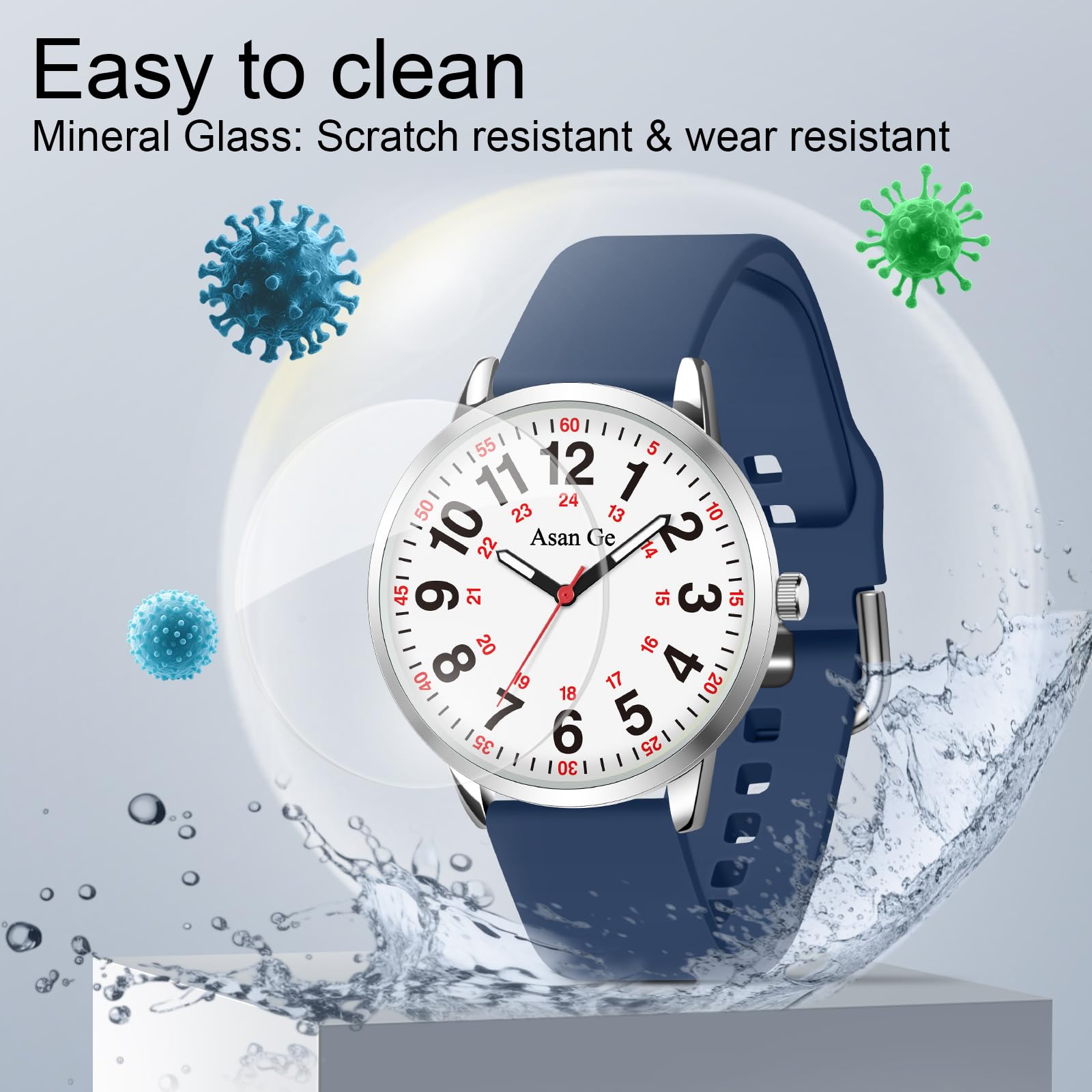 Asan GE Reloj de Enfermera para Enfermeras, Profesionales médicos, Estudiantes, médicos, Mujeres, Hombres, Reloj Impermeable, Hora Militar de 24 Horas, Luminoso, Esfera fácil de Leer con