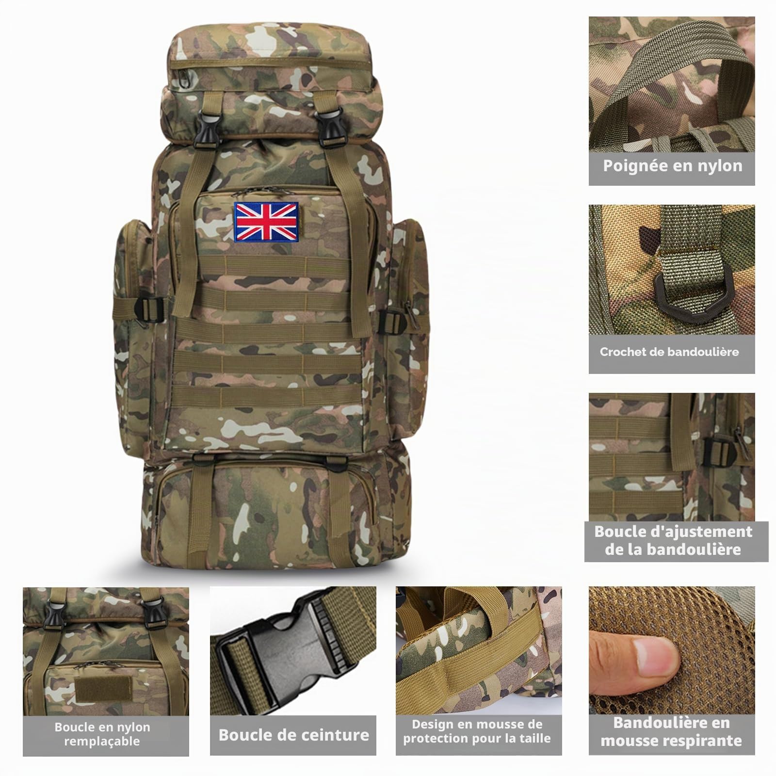80L Waterproof Hiking Backpack, Lightweight Tactical Rucksack for Camping & Travel, Large Capacity, with 2 British Flags, Black (BLACK)
