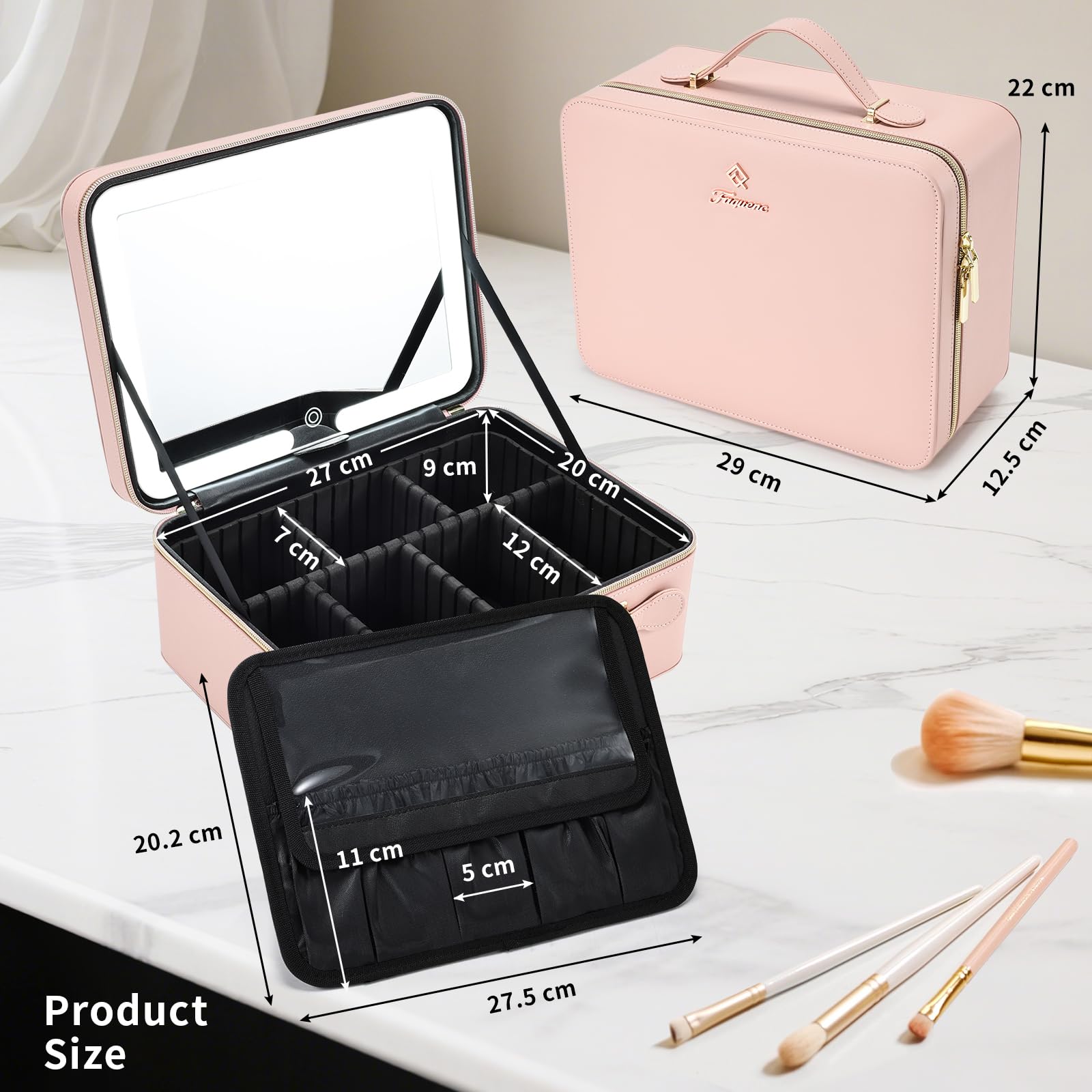 Grande trousse de maquillage avec miroir LED - Miroir lumineux amovible - En cuir synthétique - Portable - Boîte de transport avec séparateurs et porte-pinceaux de maquillage, rose, Classique