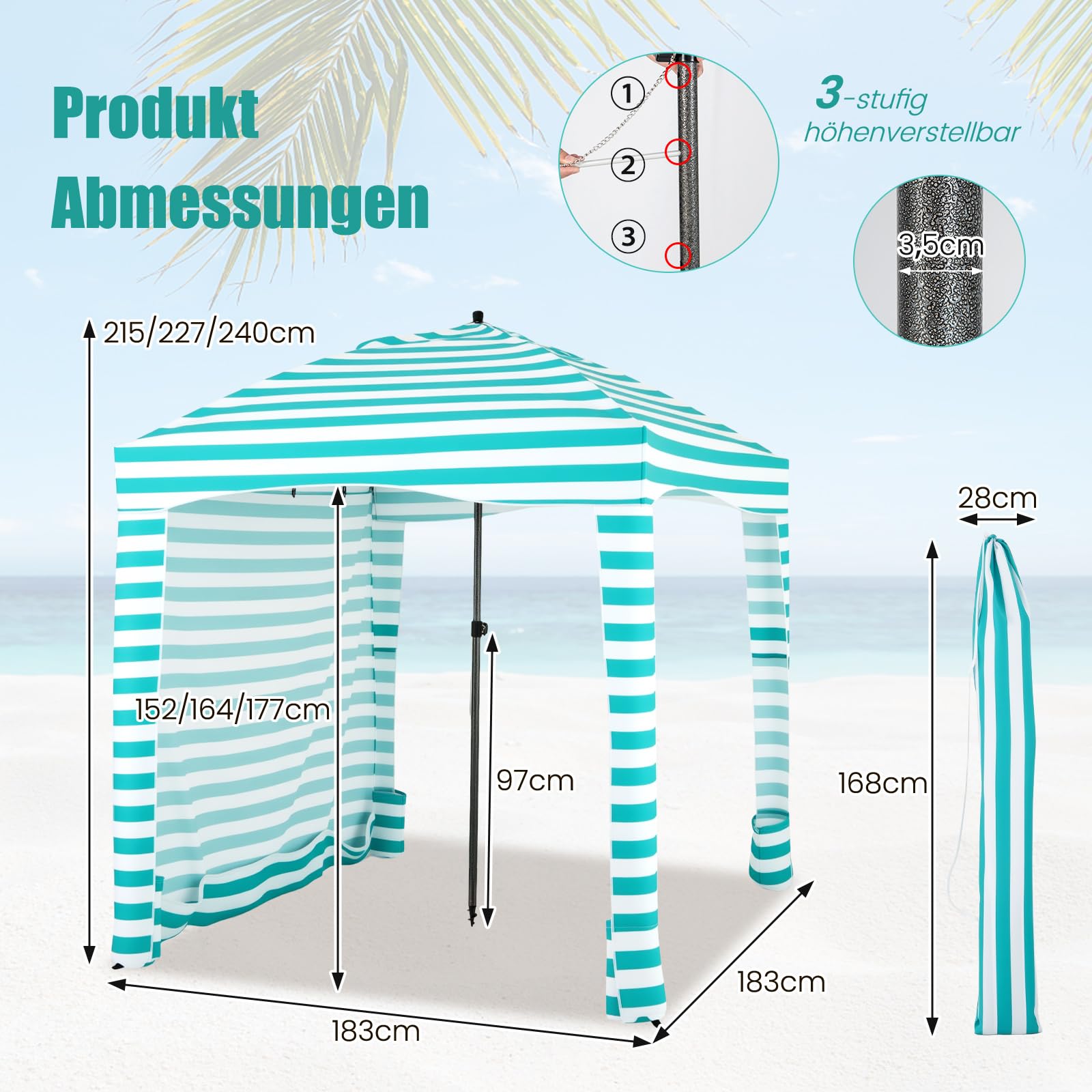 COSTWAY Osłona przeciwsłoneczna ze zdejmowaną ścianką boczną i 8 workami na piasek, przenośny namiot plażowy z torbą do przenoszenia, cień outdoorowy, na plażę, kemping, piknik, 183 x 183 cm