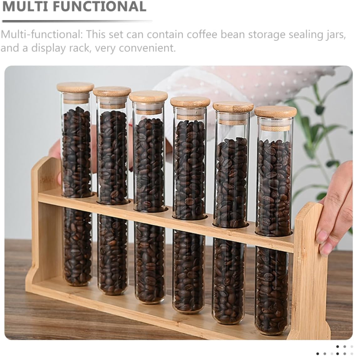 Airtight Coffee Bean Dispensing Bottle Glass Storage Tube Wooden Stand Bean Holder for Coffee Shop Display Jar Storage Tubes