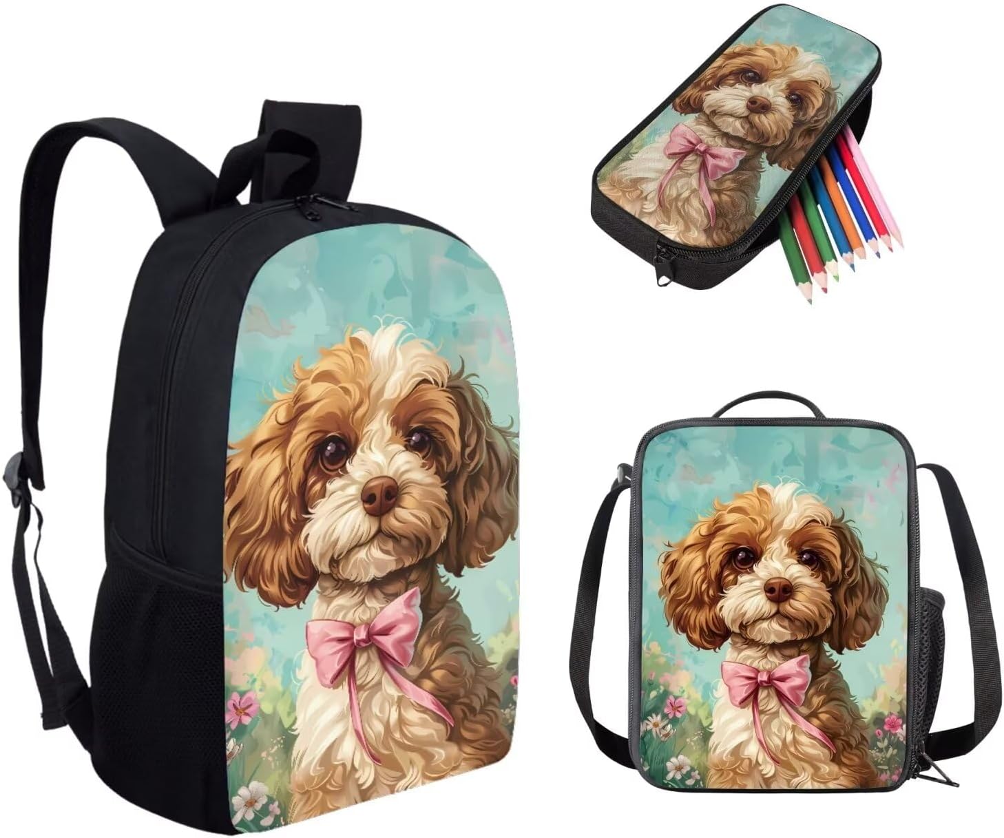 Cute Dog Backpack for Girls Todder 3pcs School Bookbag and Lunch Box Set 17 Inch Large School Bags with Pencil Holder, Lightweight