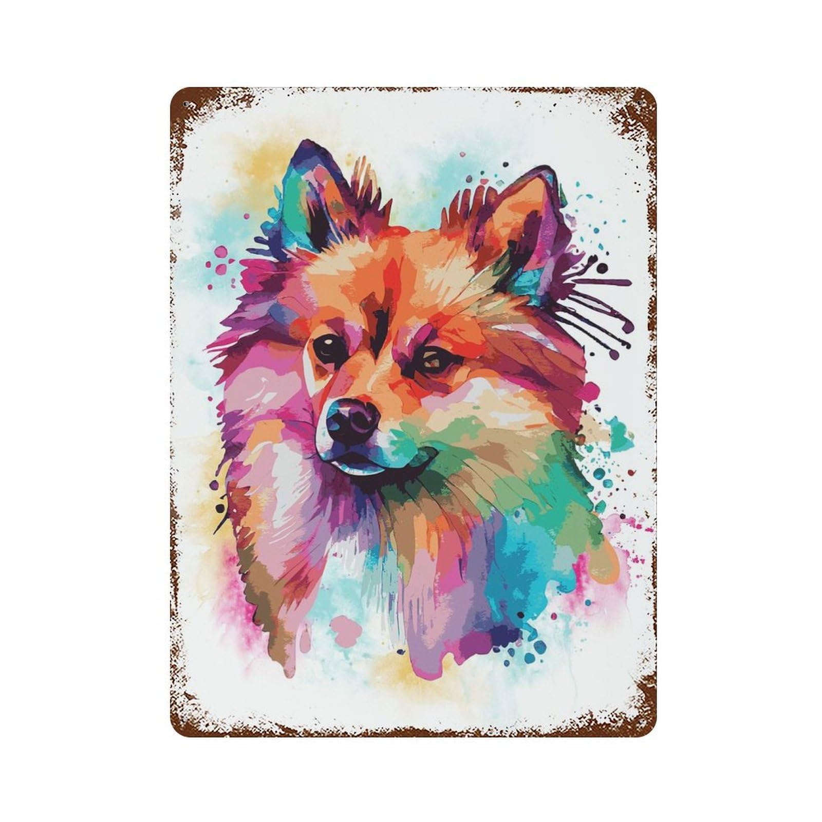Rust Effect Watercolor Spitz Painting Rusty Metal Tin Sign 15.7"x11.8", Rustic Home Decor for Bistro, Counter And Cafe Decor
