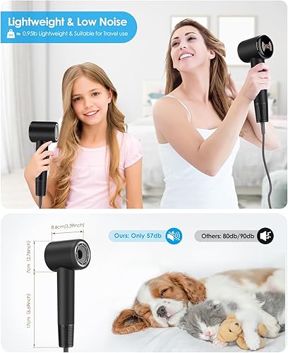 Miniatura 6 de Secador de pelo, 110000 RPM de alta velocidad con iones negativos de 984.3 ft y difusor magnético, secado rápido durante 1 minuto, sin daños por