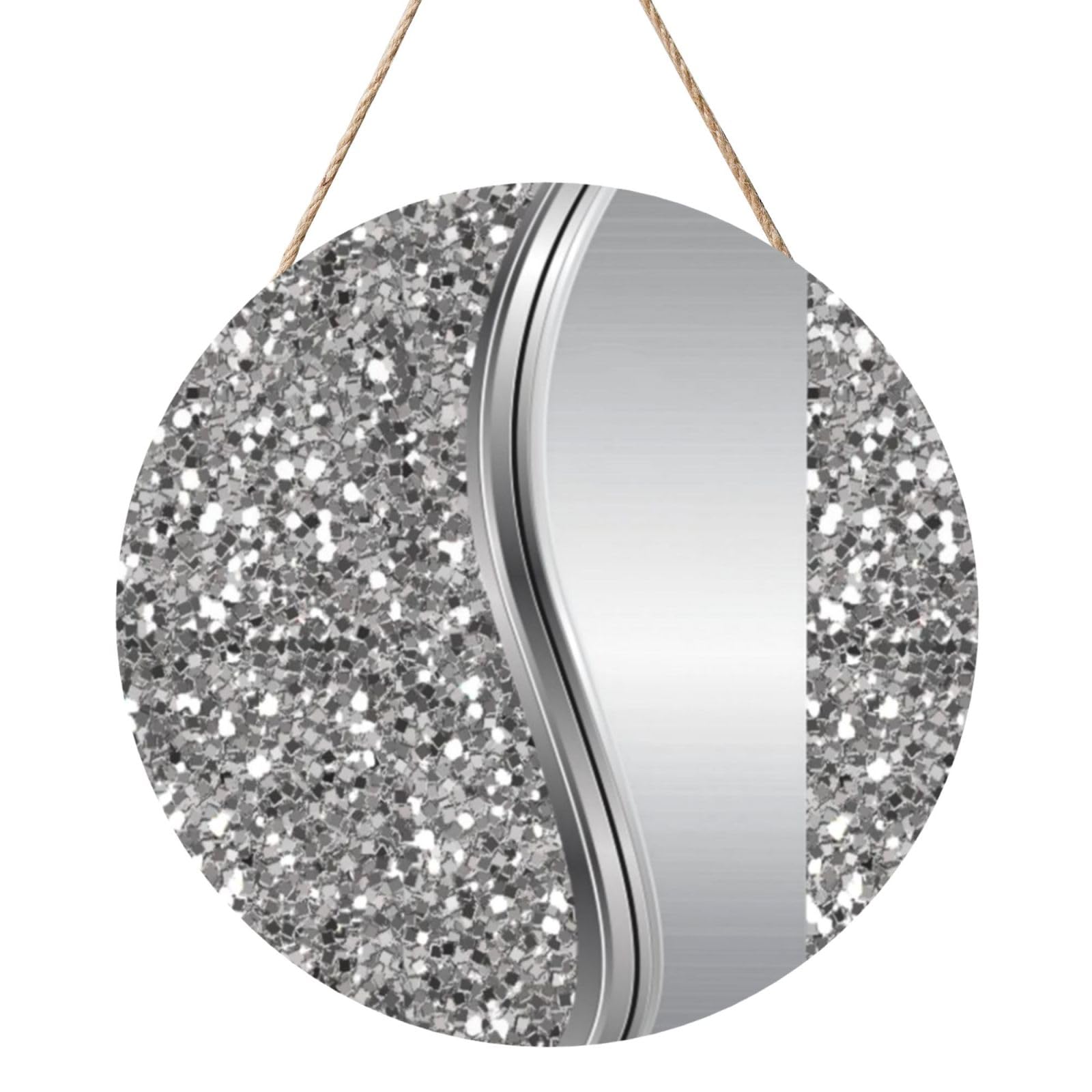 InOmak Silver Faux Glitter Glam, Round Wood Panel Painting 12 in, Wall Hanging Painting For Home