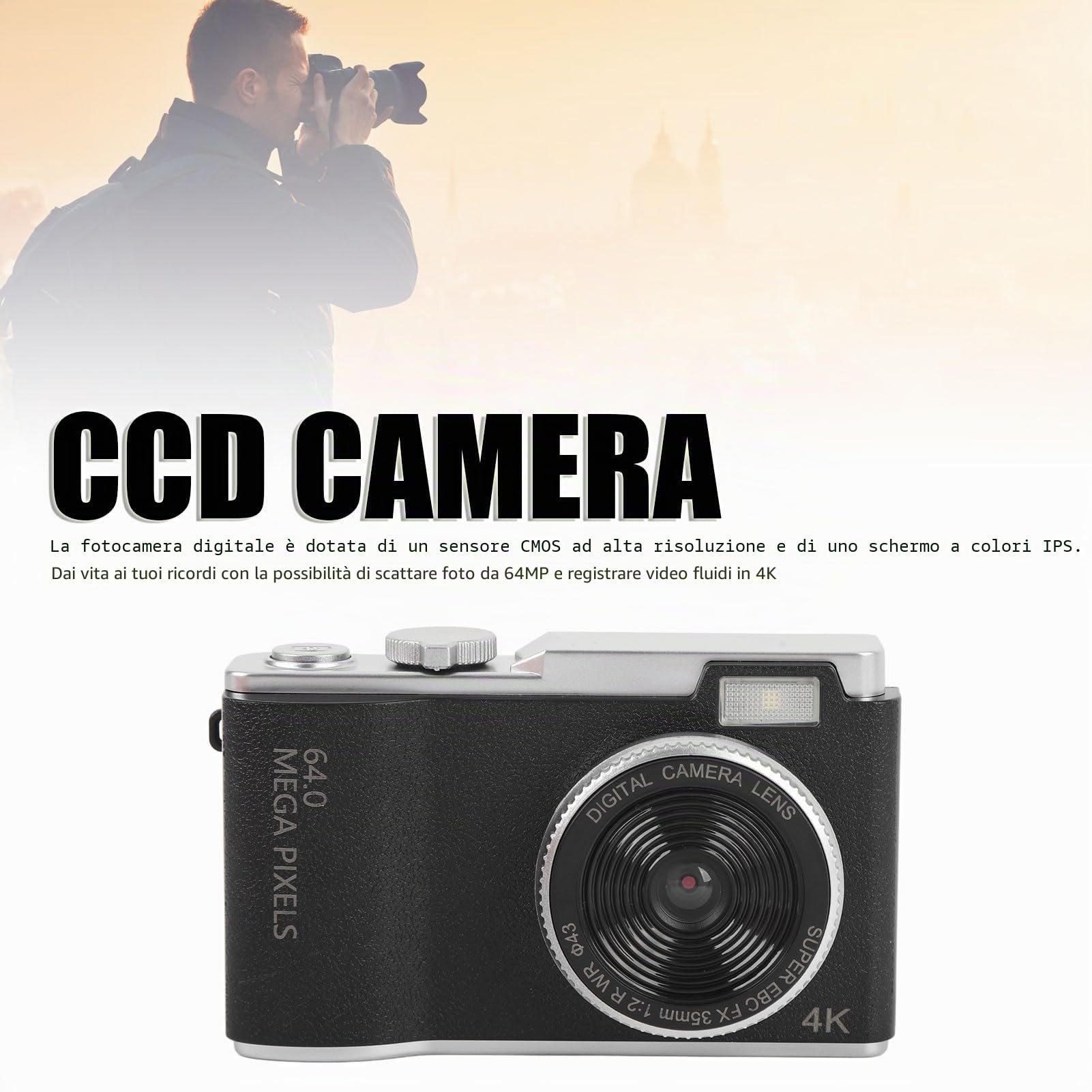 Fotocamera Digitale, Videocamera per Vlogging 4K HD con Zoom 16X, Fotocamera Selfie CCD Vintage, Fotocamera Compatta Portatile da 2,4 Pollici per Adolescenti Principianti (64GB)