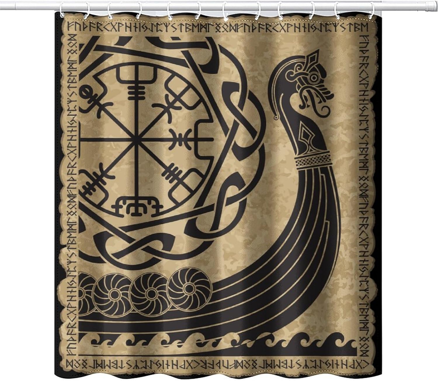 Viking Warship Shower Curtain,Vintage Nautical Mystic Totem Symbol Ancient Scandinavian Rune Print Shower Curtain for Bathroom Decor Fabric Waterproof Upholstery Hook 66x72in
