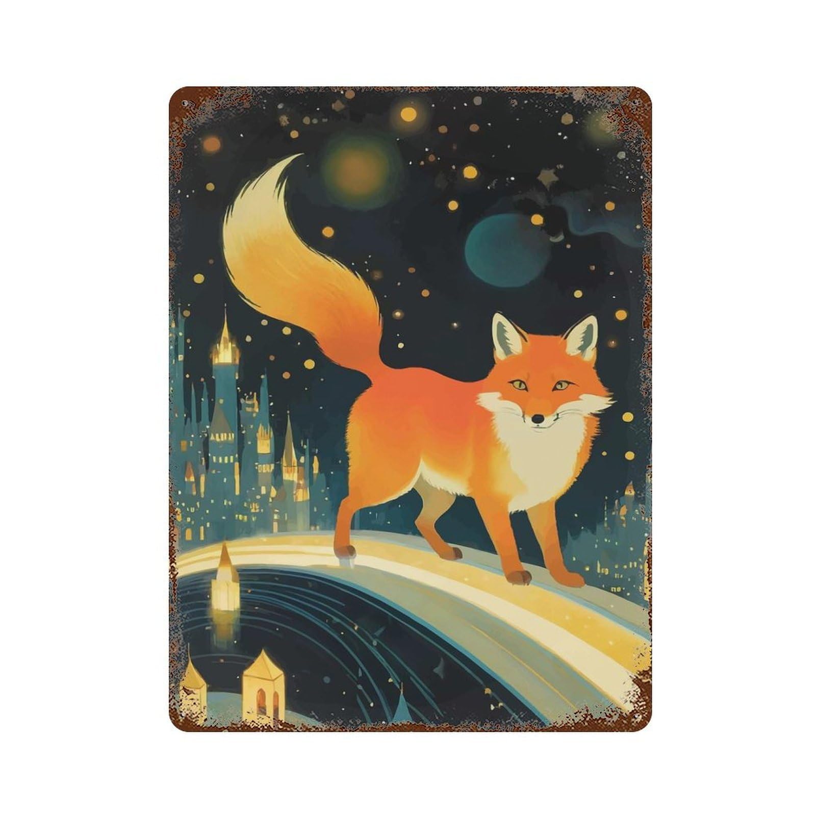 Garage Style Fox on A Starry Night Distressed Metal Wall Sign 15.7"x11.8", Decorative Metal Wall Art for Bar And Workshop