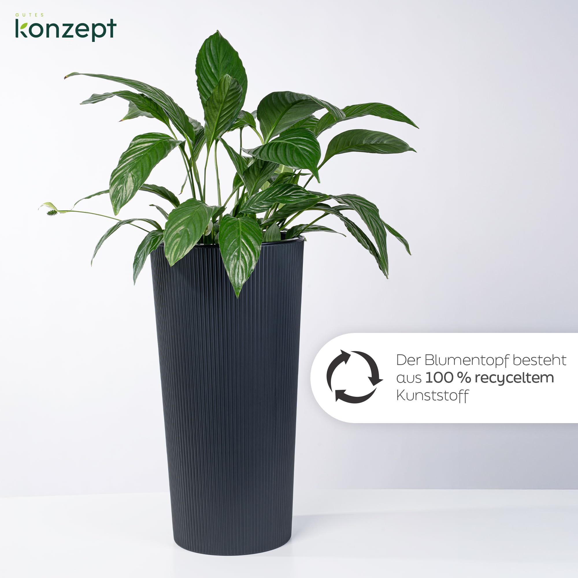 KONZEPT Blumentopf mit Einsatz – Hoch 75cm – für Außenbereich, wetterfest, UV-beständig & mit Rillenstruktur – Anthrazit, Eco-Kunststoff, ideal für Garten, Balkon, Terrasse & Innenräume