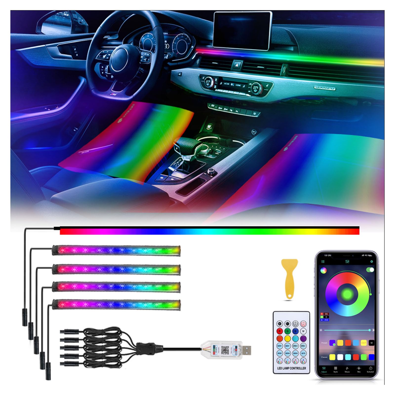 GPJYD Iluminación ambiental 5 en 1 para coche, tira LED RGB, iluminación interior del coche