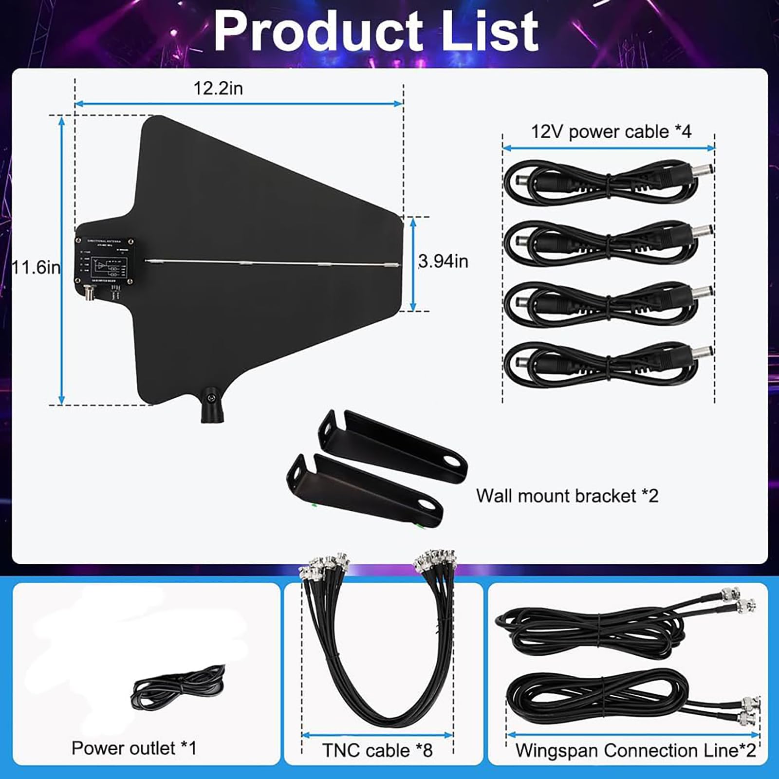Amplificatore di segnale microfono wireless, amplificatore di segnale microfono professionale con 2 alette per antenna, 450-950 MHz, ricezione a 360 ° per prestazioni sul palco