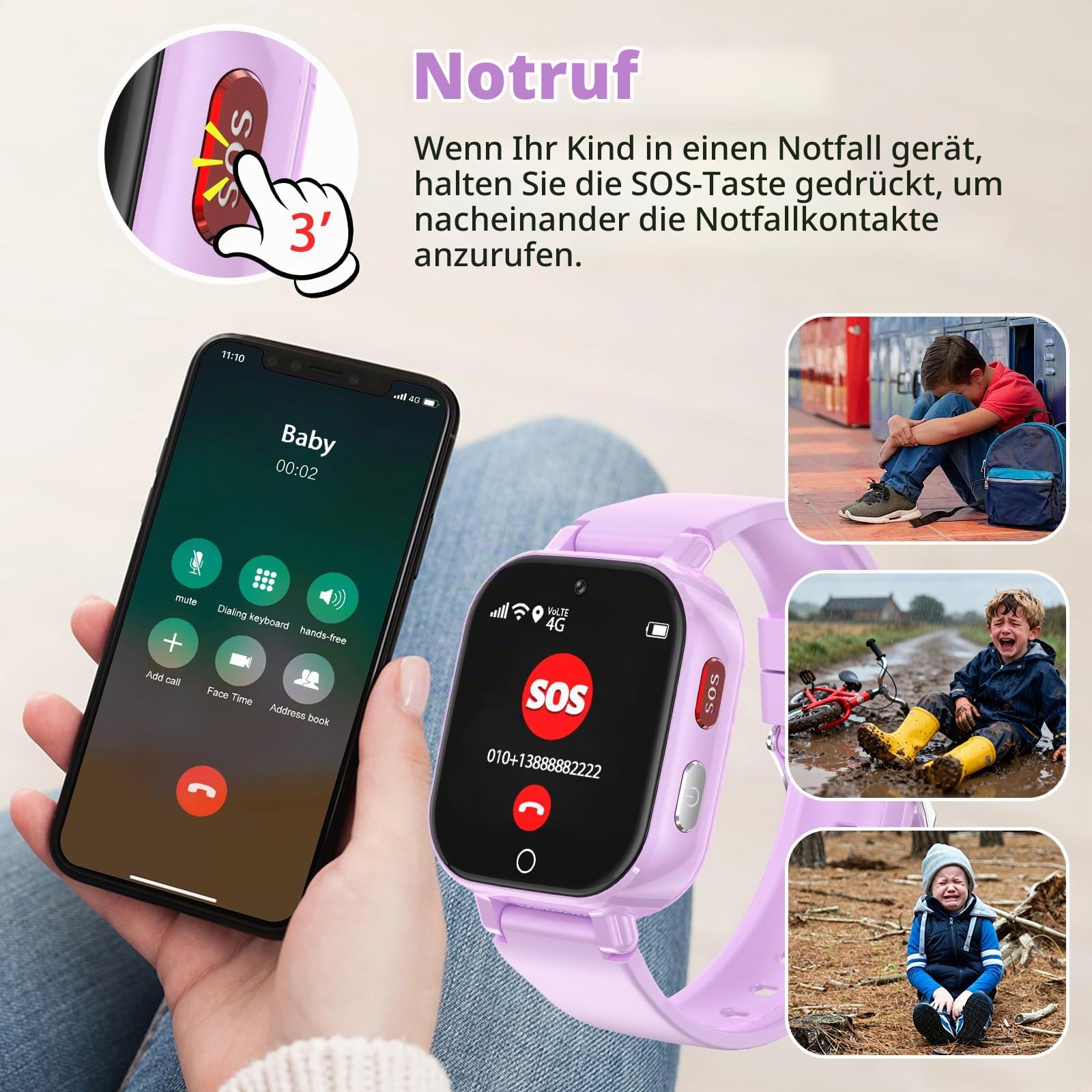 Smartwatch Kinder GPS, Kinderuhr mit Telefon SOS IP68 Wasserdicht Violett