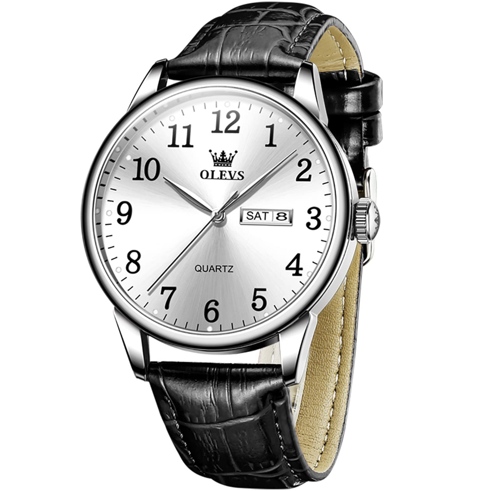 OLEVS Men's Watches Lightweight Leather Watch Men Waterproof Men Analog Quartz Lightweight Wrist Watch Brown Date Day Chronograph, Black and White, Minimalist, Simple