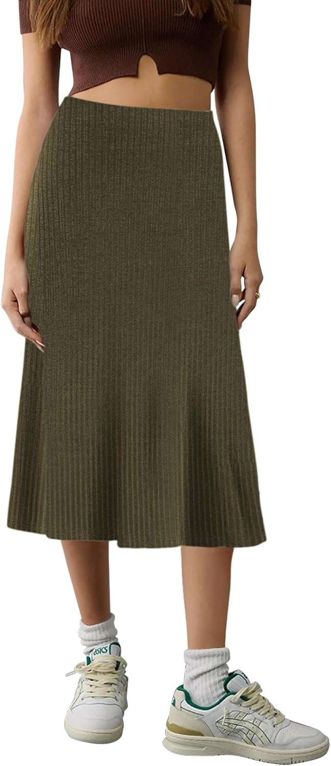 Urban CoCo Women's Elastic High Waist A-Line Flared Midi Skirt Solid Ribbed Knit Skirts