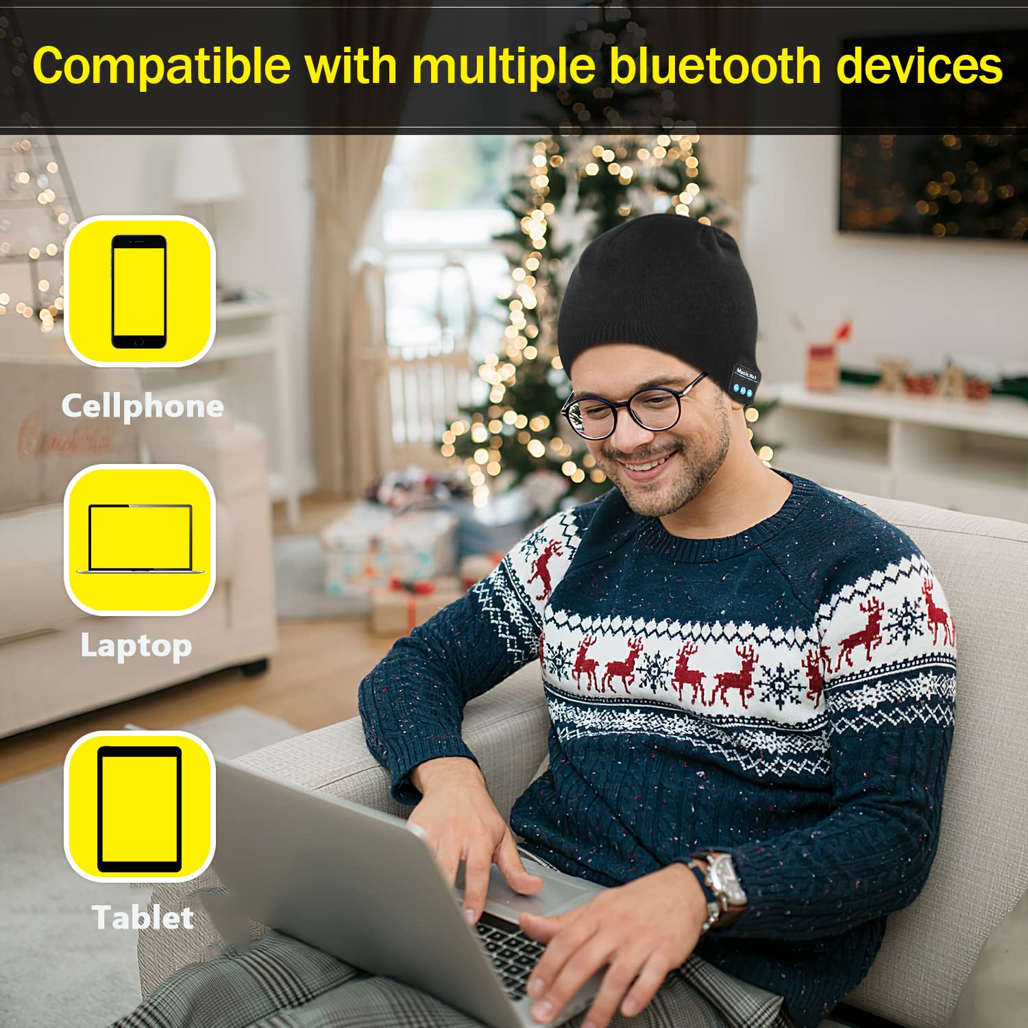 Regalo Uomo Donna Cappello Bluetooth Berretto Sci Regalo Natale Cappello Sportivi Uomo Musicale Bluetooth Lavorato a Maglia Berretto Cappello Invernali con Cuffie Stereo e Microfono Vivavoce
