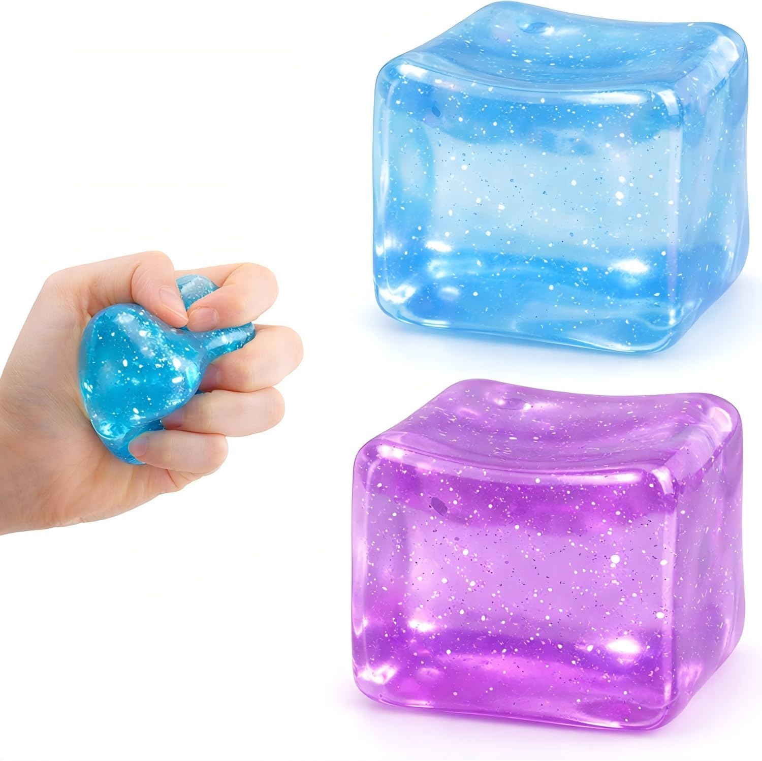 Malt Sugar Ice Cube Squishy Fidget Toy, 2 Pack Slow Rise Glitter Stress Cube Sensory Squeeze Balls for Desk, Classroom, Office, Travel, Stress Relief Gift for Kids Teens Adults