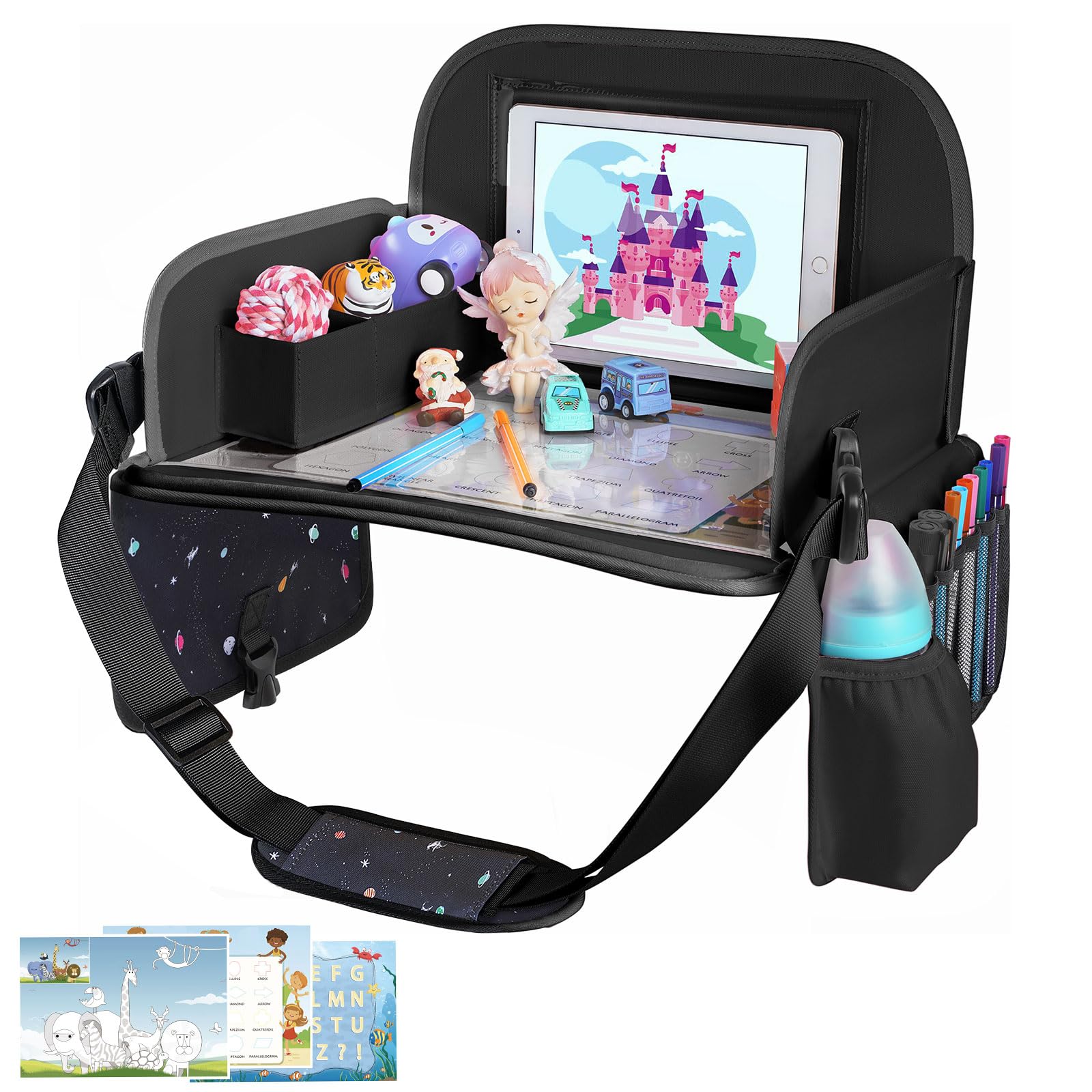 MENZOKE Kids Travel Tray, Travel Tray for Kids Car Seat with Educational Drawing Board，Tablet Holder & Cooler Cup Holder， Portable Road Trip Essentials Kids Gifts for Car Trip, Airplane， Black