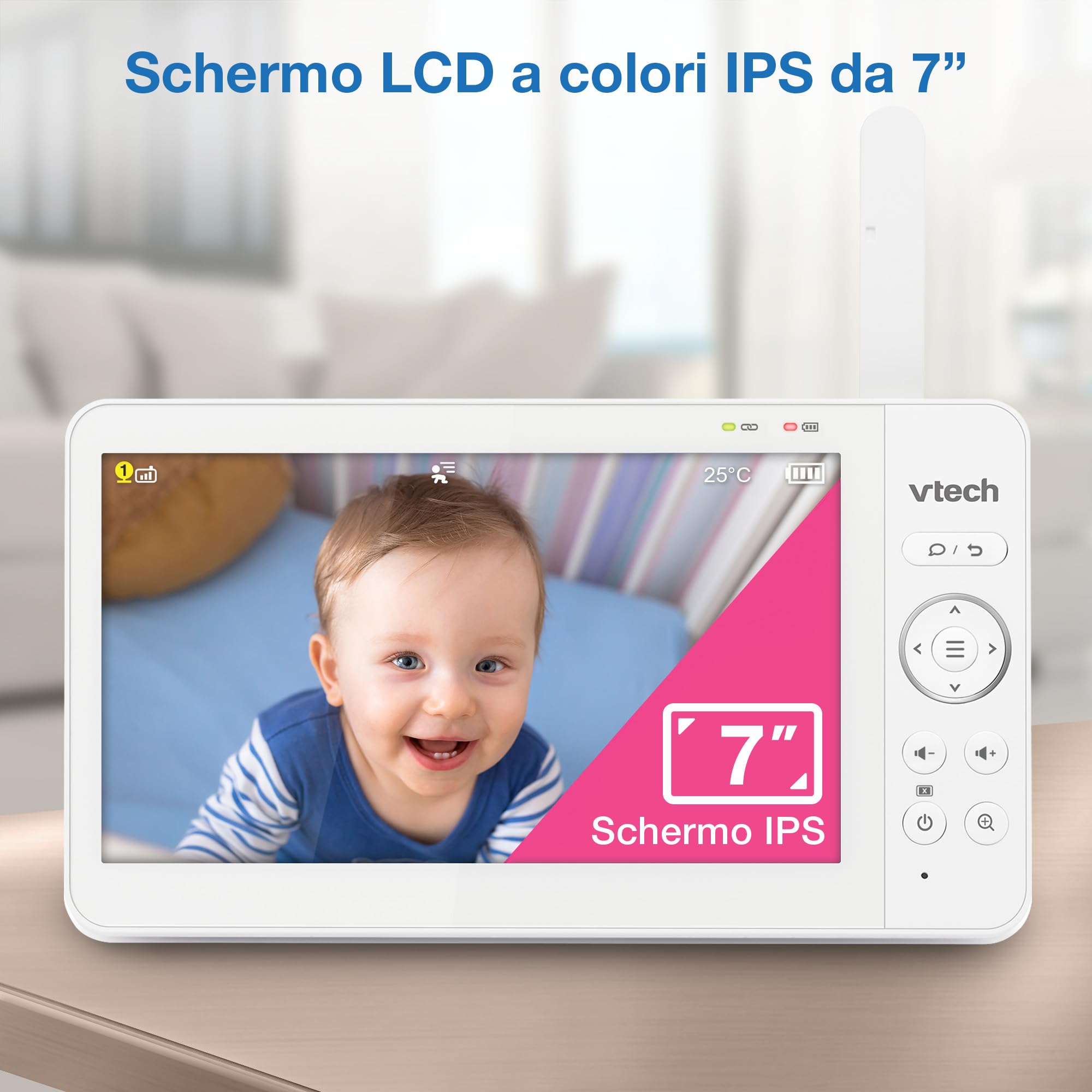 VTech Baby monitor video con schermo LCD a colori da 7", telecamera orientabile con zoom, luce notturna multicolore touch, ninne nanne e suoni rilassanti, Divisione schermo: VM7468